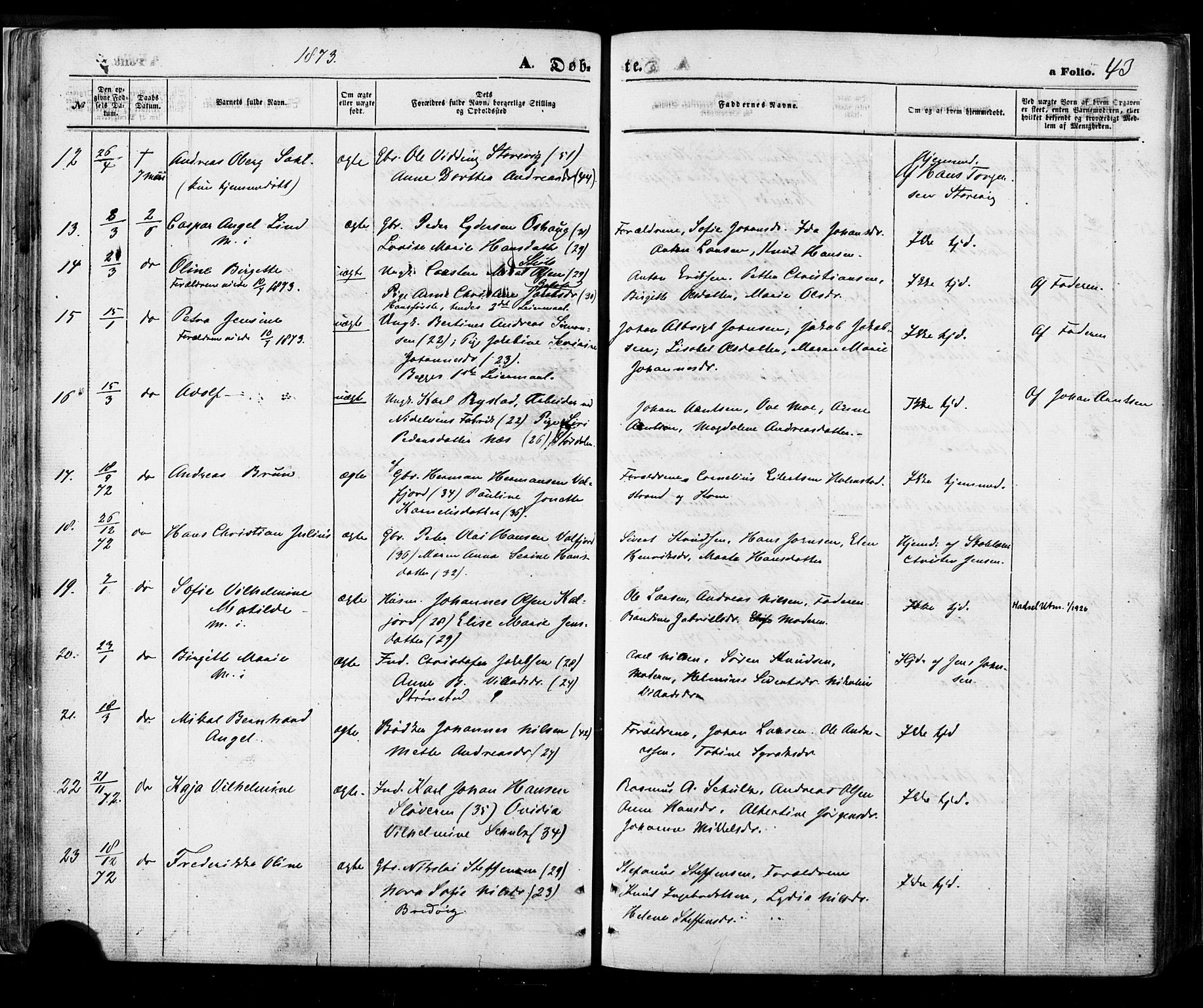 Ministerialprotokoller, klokkerbøker og fødselsregistre - Nordland, SAT/A-1459/888/L1242: Parish register (official) no. 888A08, 1870-1875, p. 43