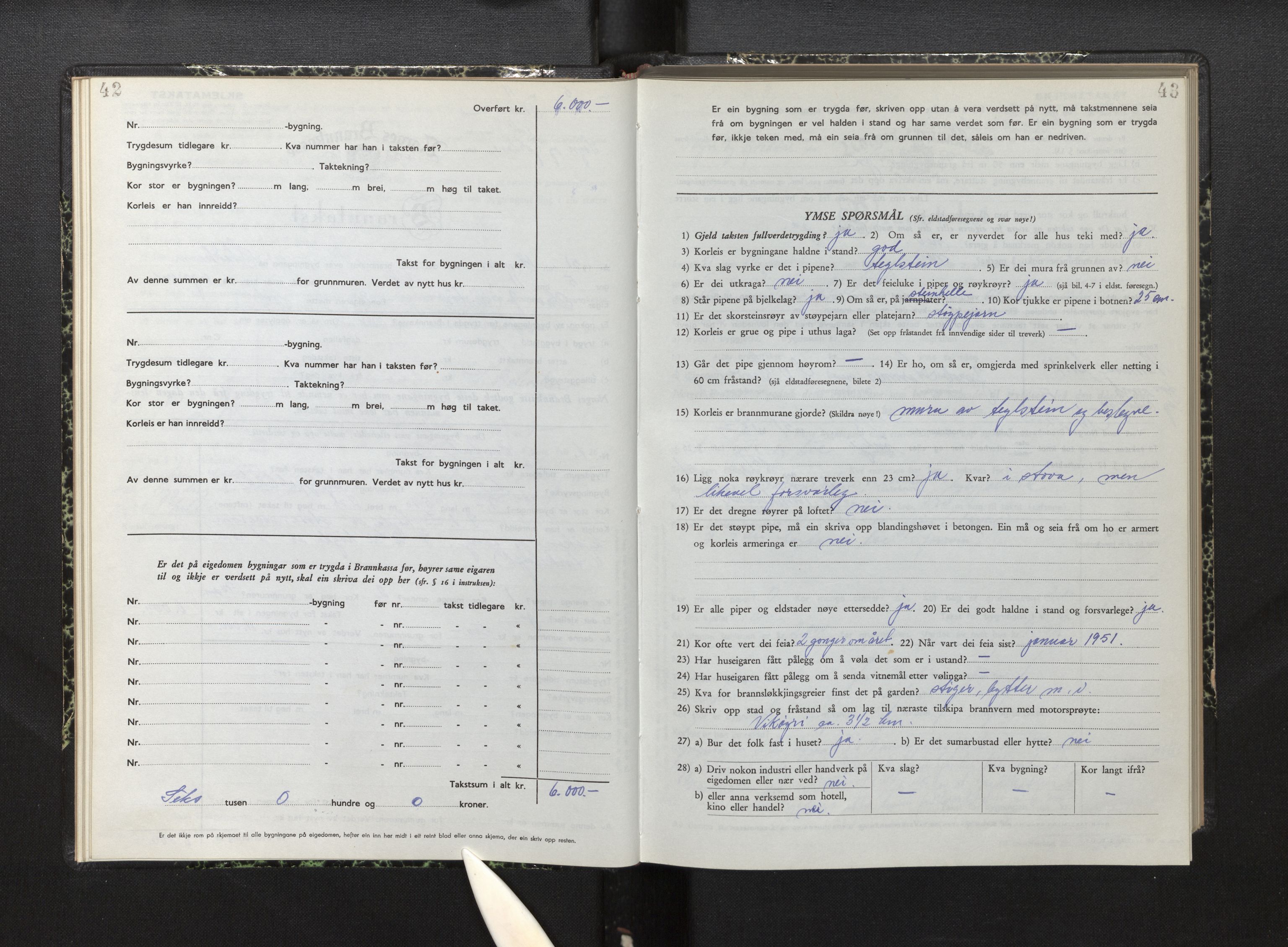 Lensmannen i Vik, AV/SAB-A-30301/0012/L0007: Branntakstprotokoll, skjematakst, 1950-1955, p. 42-43