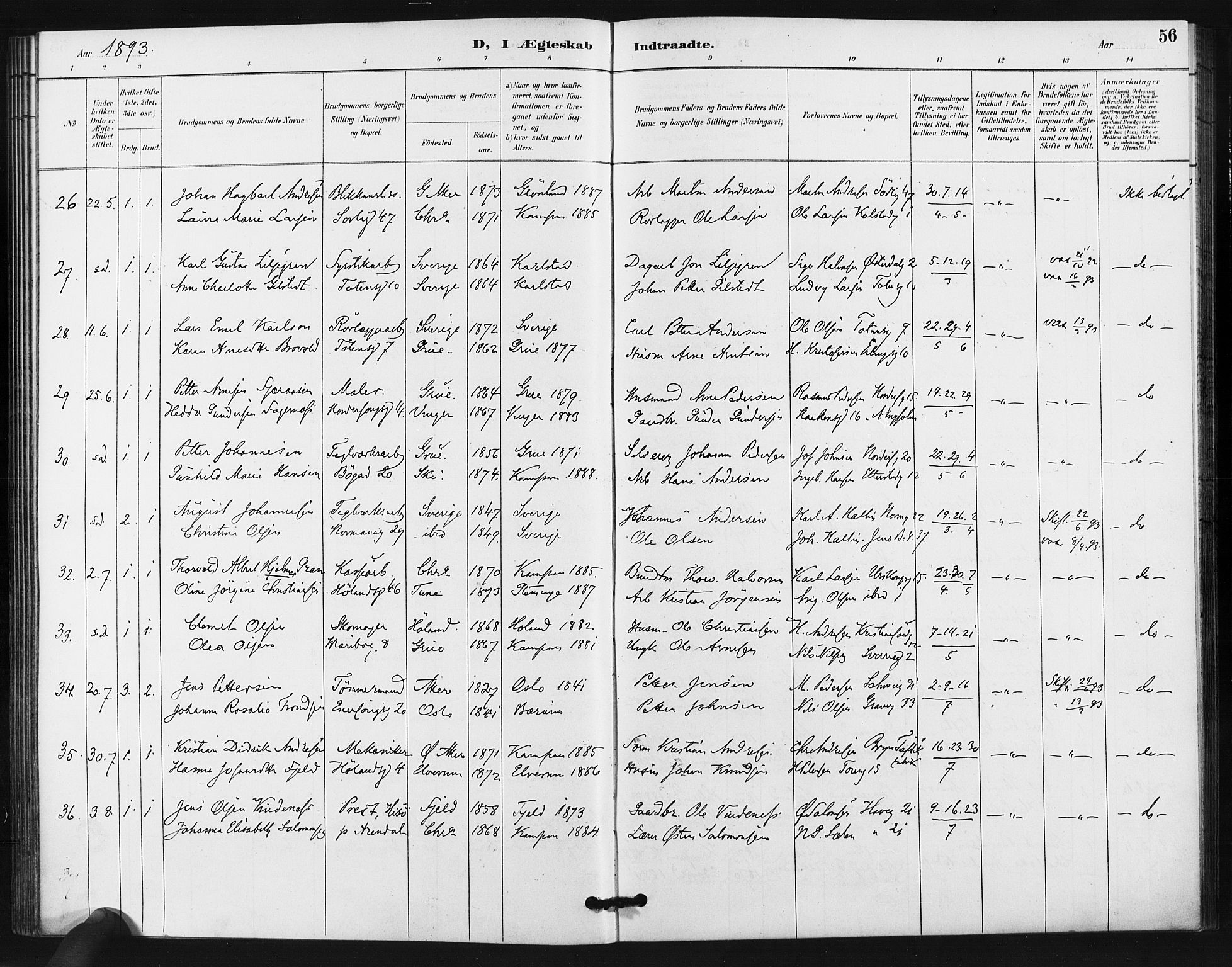 Kampen prestekontor Kirkebøker, AV/SAO-A-10853/F/Fa/L0006: Parish register (official) no. I 6, 1889-1896, p. 56