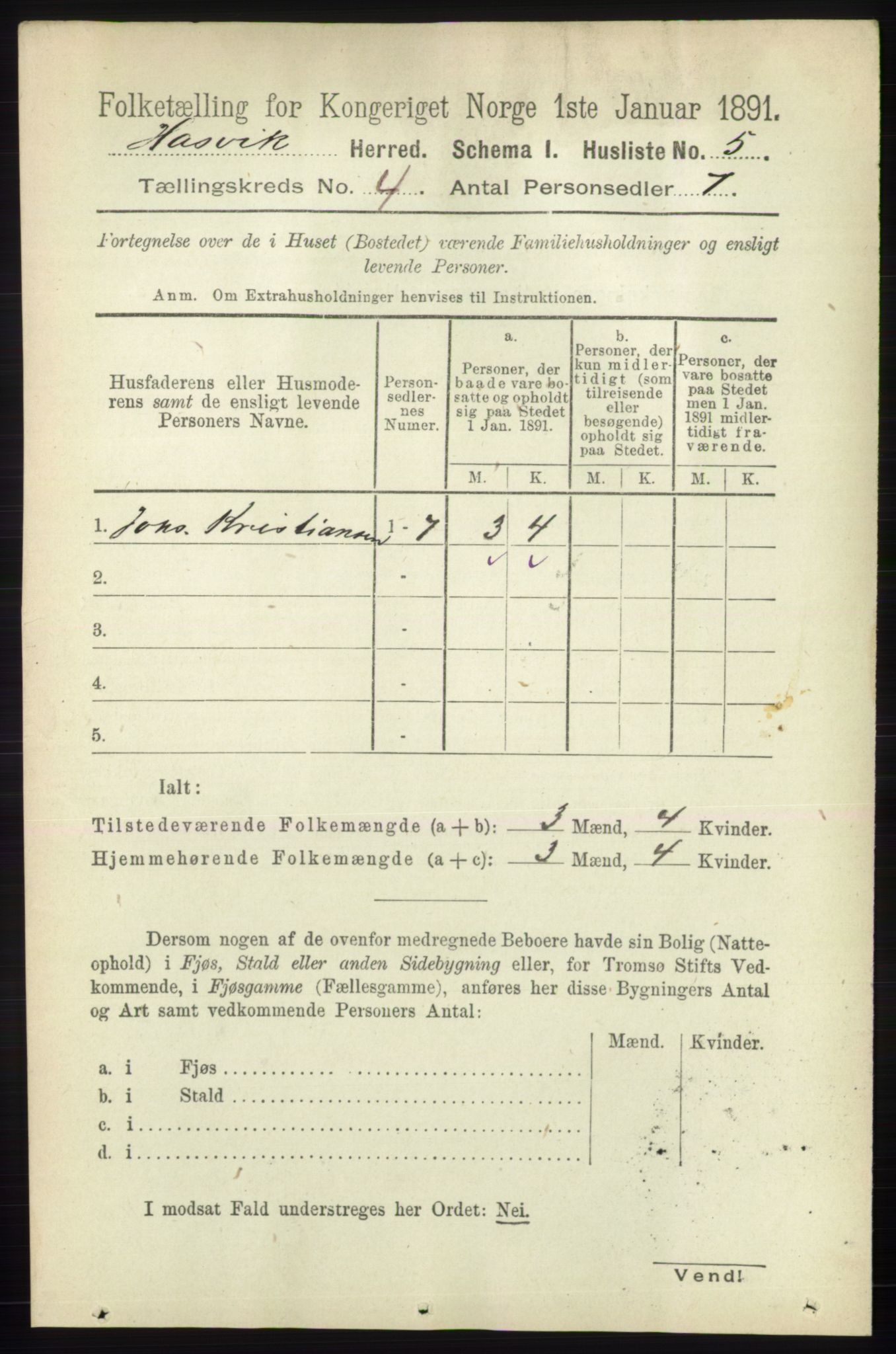 RA, 1891 census for 2015 Hasvik, 1891, p. 470