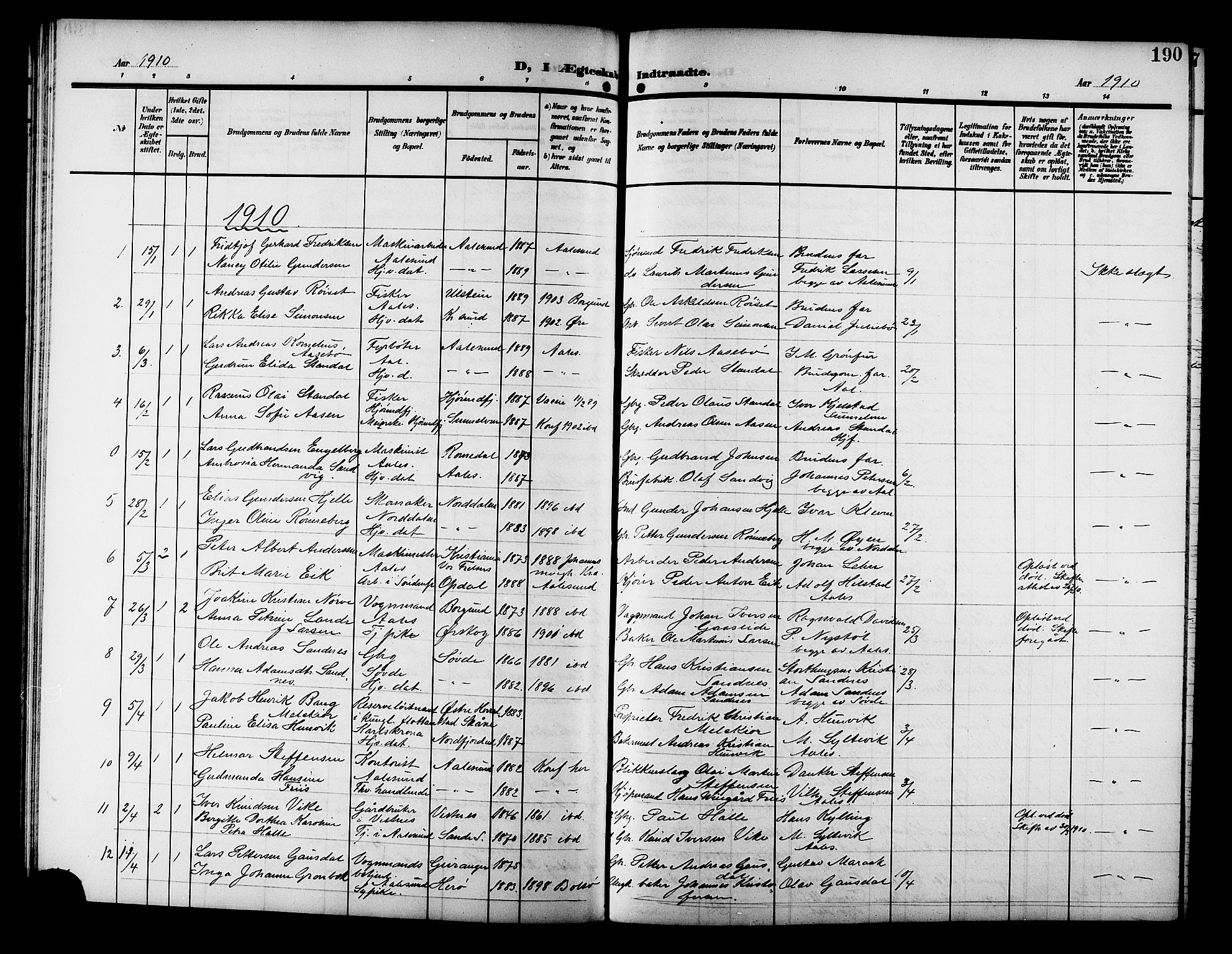 Ministerialprotokoller, klokkerbøker og fødselsregistre - Møre og Romsdal, AV/SAT-A-1454/529/L0470: Parish register (copy) no. 529C07, 1907-1917, p. 190