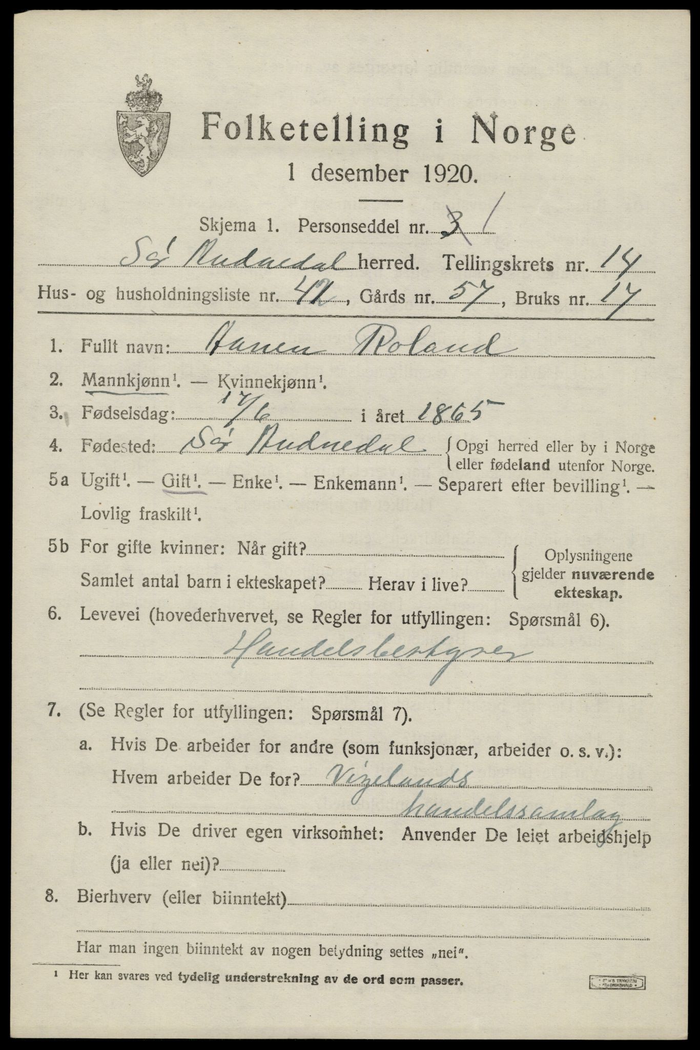 SAK, 1920 census for Sør-Audnedal, 1920, p. 5571