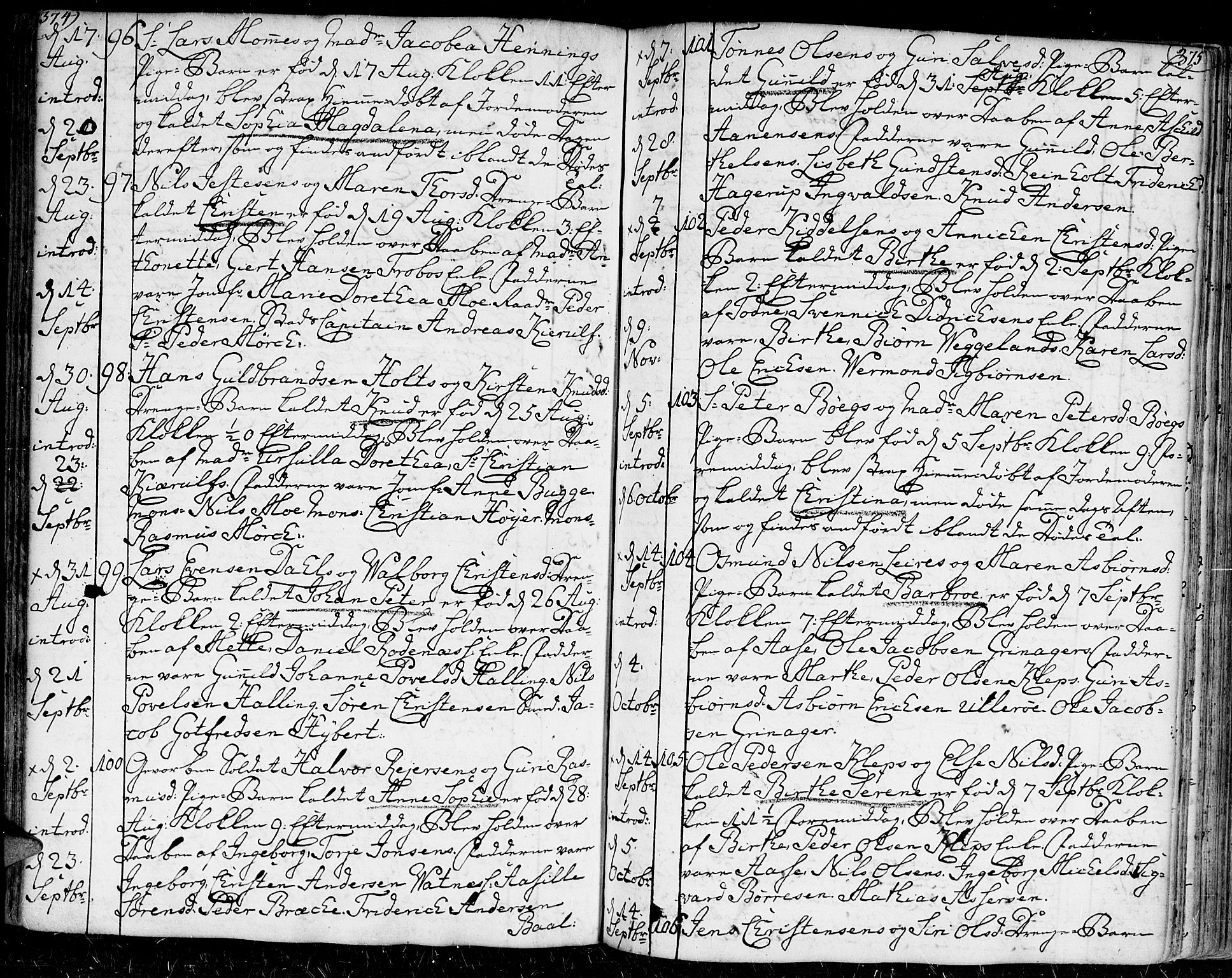 Kristiansand domprosti, AV/SAK-1112-0006/F/Fa/L0002: Parish register (official) no. A 2, 1755-1778, p. 374-375