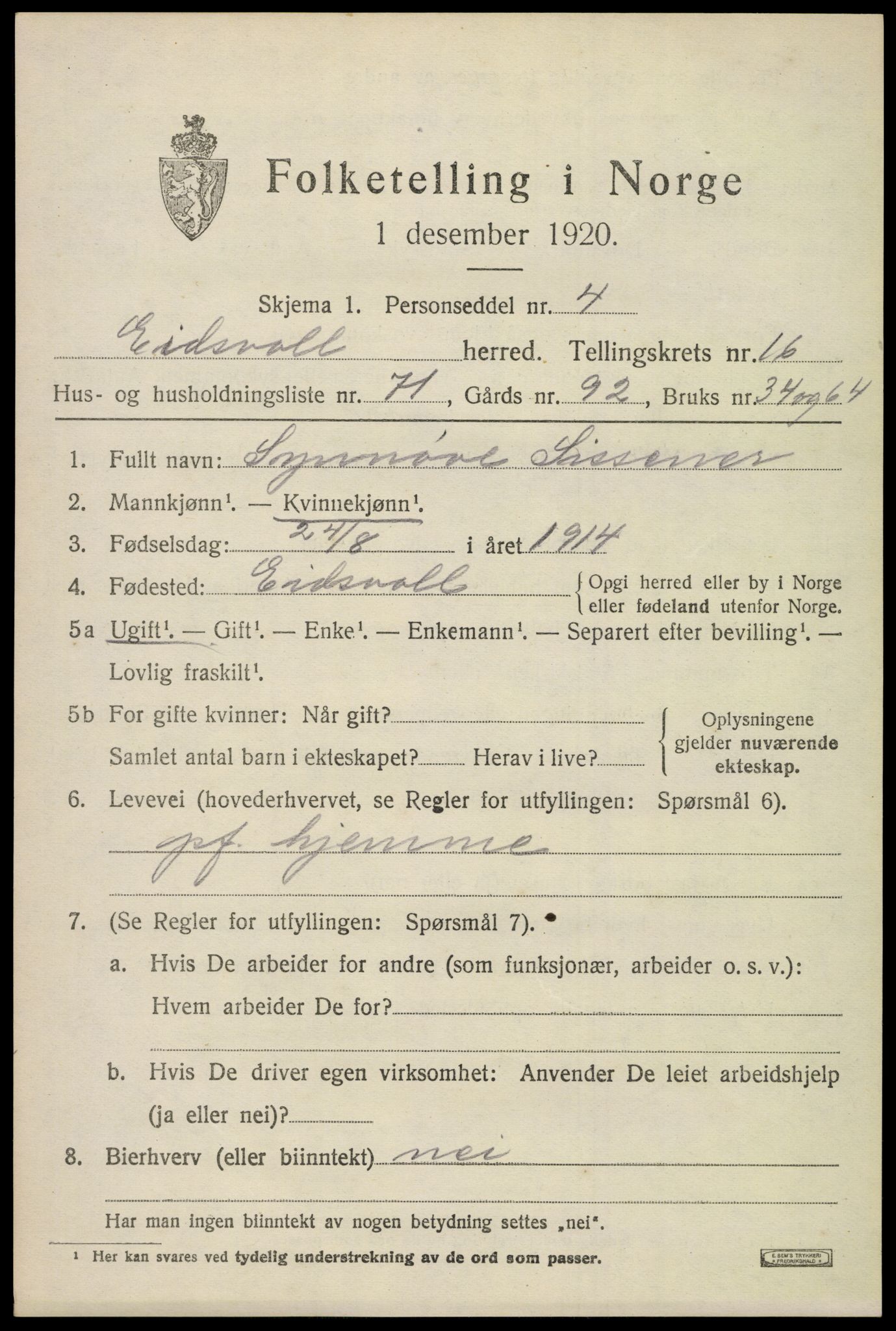 SAO, 1920 census for Eidsvoll, 1920, p. 23357