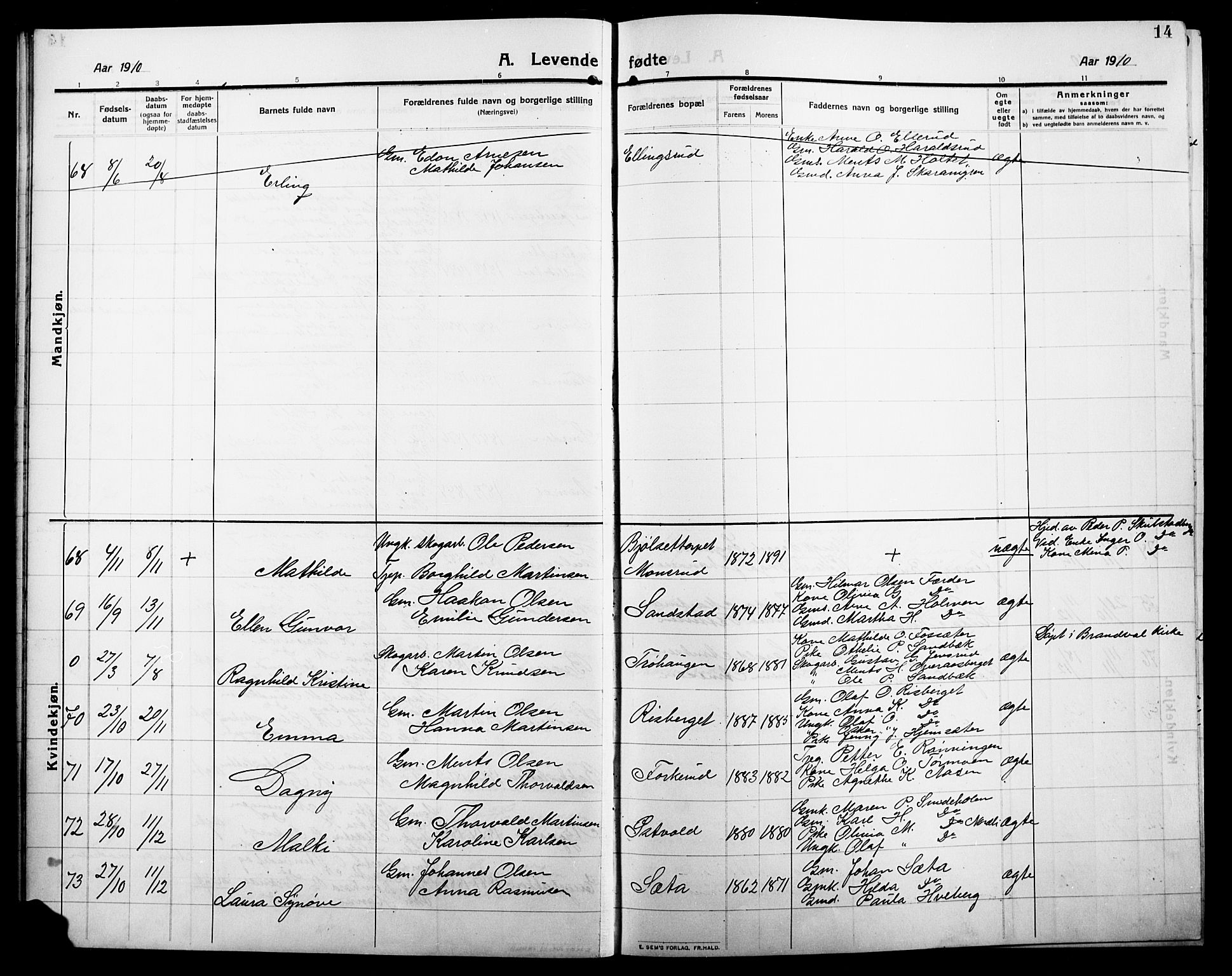 Grue prestekontor, AV/SAH-PREST-036/H/Ha/Hab/L0007: Parish register (copy) no. 7, 1910-1920, p. 14