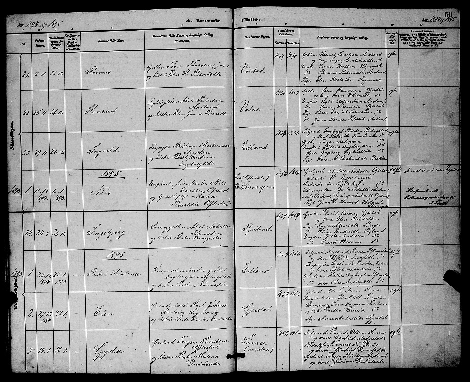 Lye sokneprestkontor, SAST/A-101794/001/30BB/L0008: Parish register (copy) no. B 7, 1887-1901, p. 50