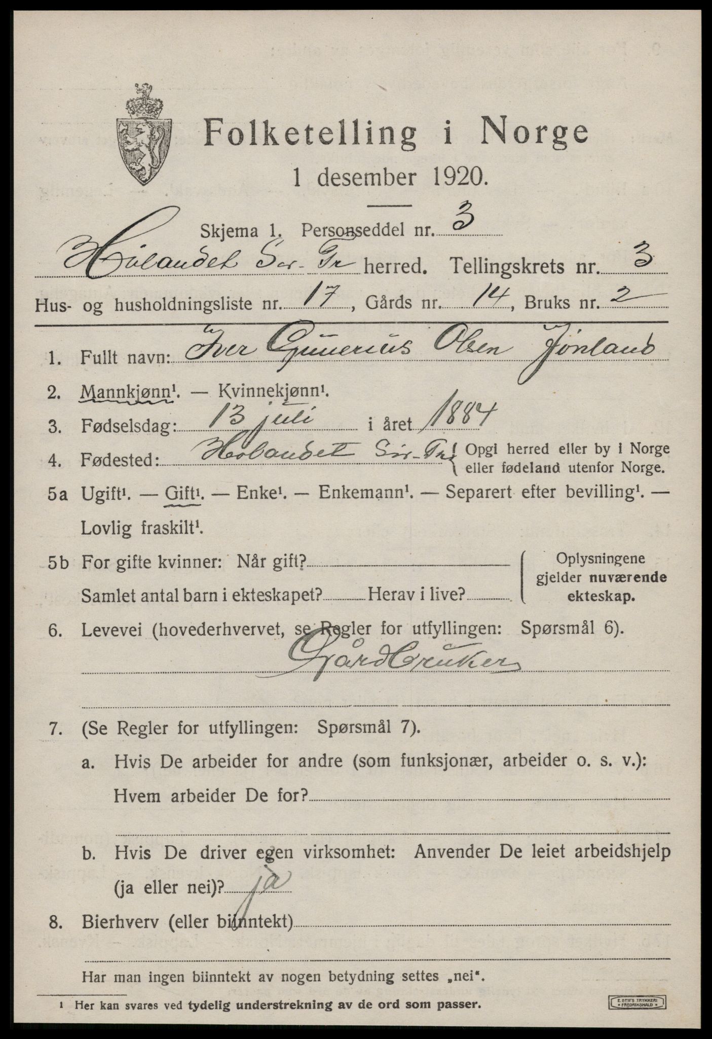 SAT, 1920 census for Hølonda, 1920, p. 1353