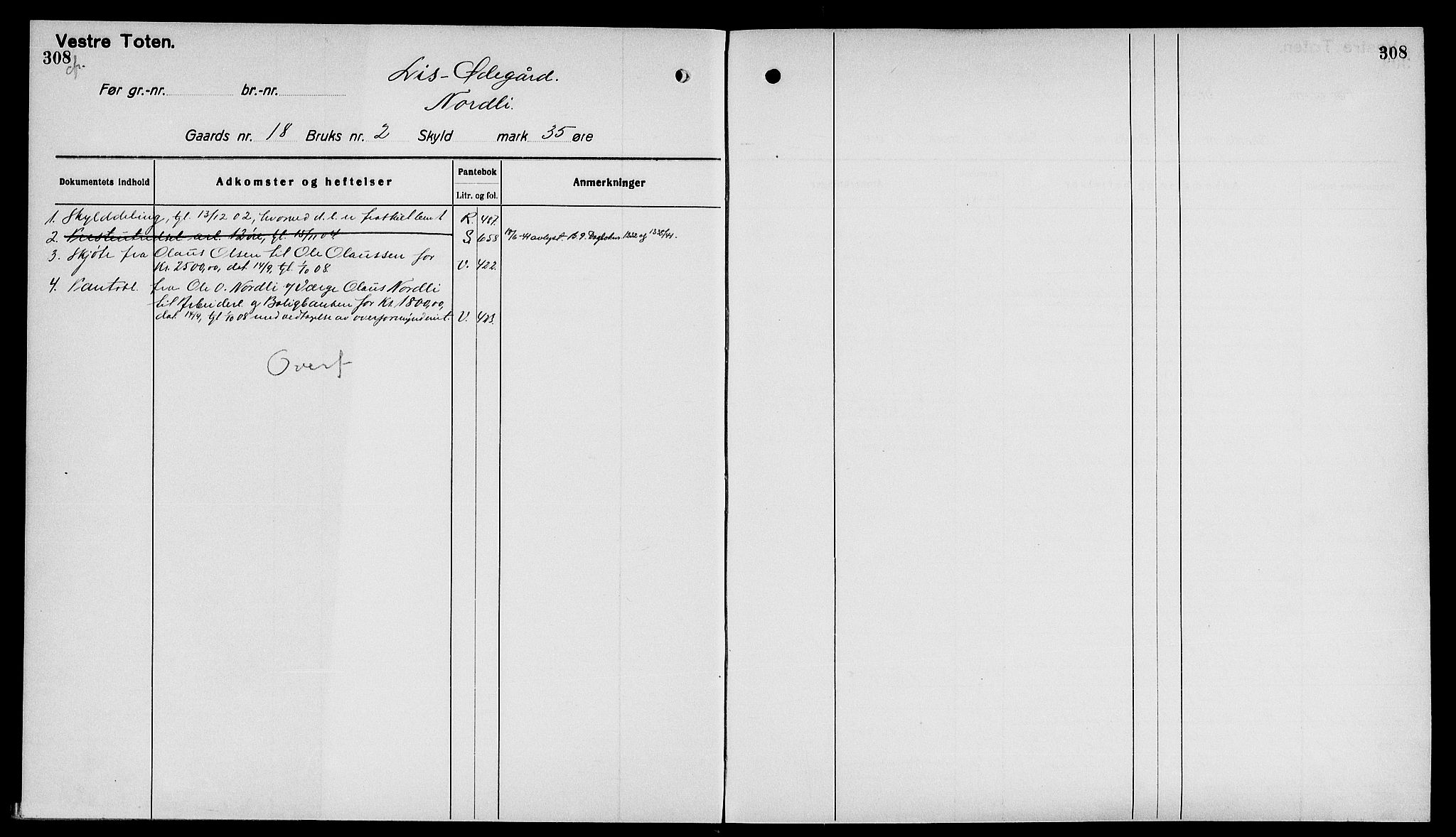 Toten tingrett, SAH/TING-006/H/Ha/Haa/L0040: Mortgage register no. 40, 1925, p. 308