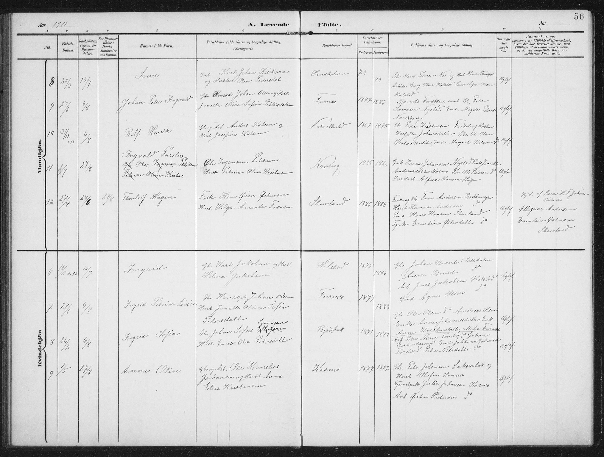 Ministerialprotokoller, klokkerbøker og fødselsregistre - Nordland, AV/SAT-A-1459/851/L0726: Parish register (copy) no. 851C01, 1902-1924, p. 56