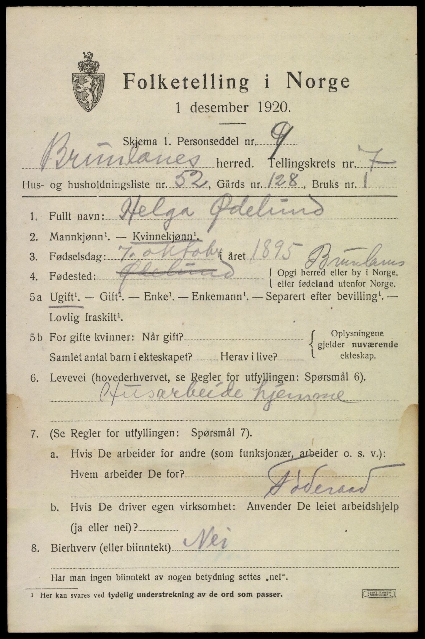 SAKO, 1920 census for Brunlanes, 1920, p. 7647