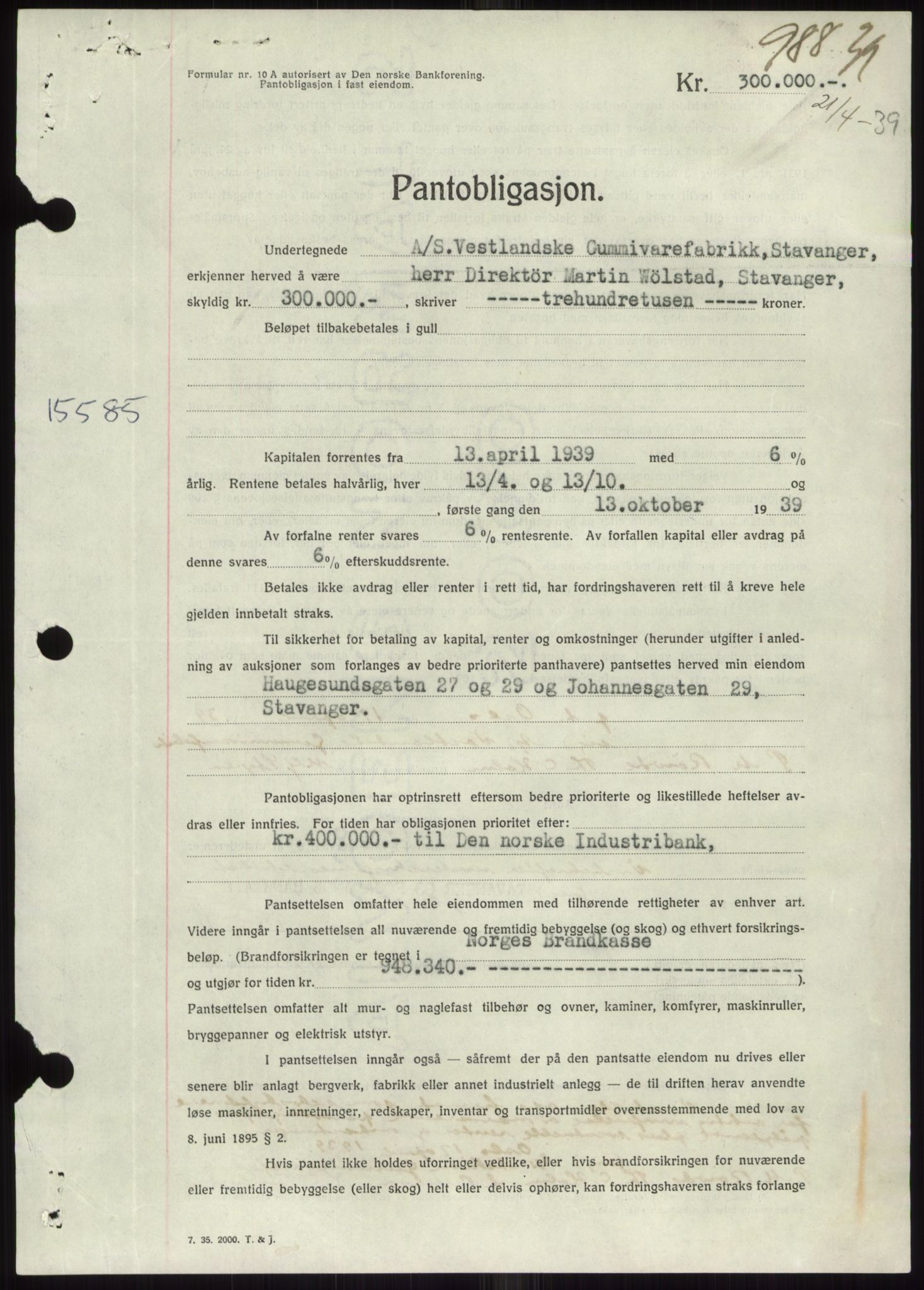 Stavanger byrett, SAST/A-100455/002/G/Gb/L0033: Mortgage book, 1936-1950, Diary no: : 988/1939