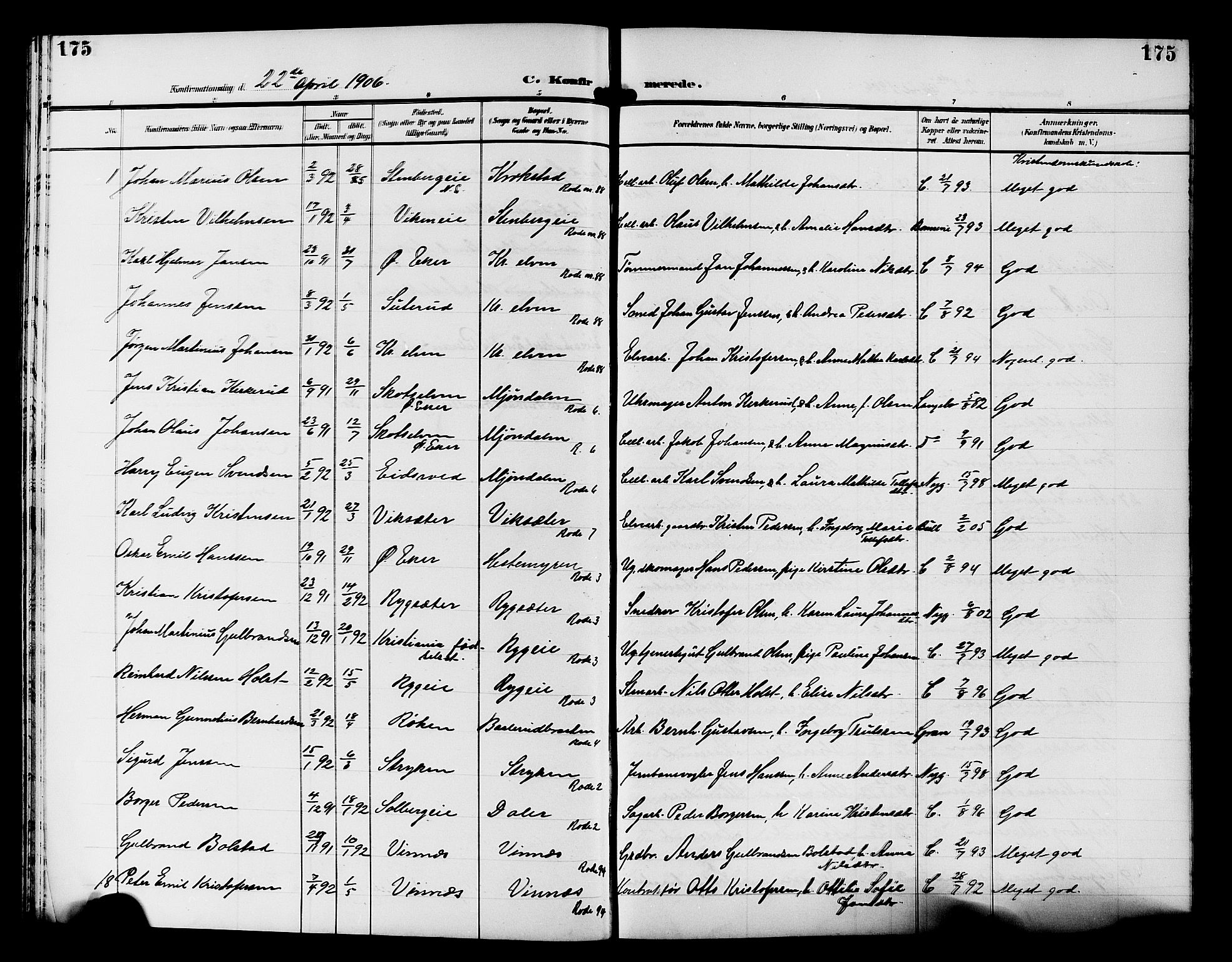 Nedre Eiker kirkebøker, AV/SAKO-A-612/G/Ga/L0004: Parish register (copy) no. 4, 1905-1912, p. 175