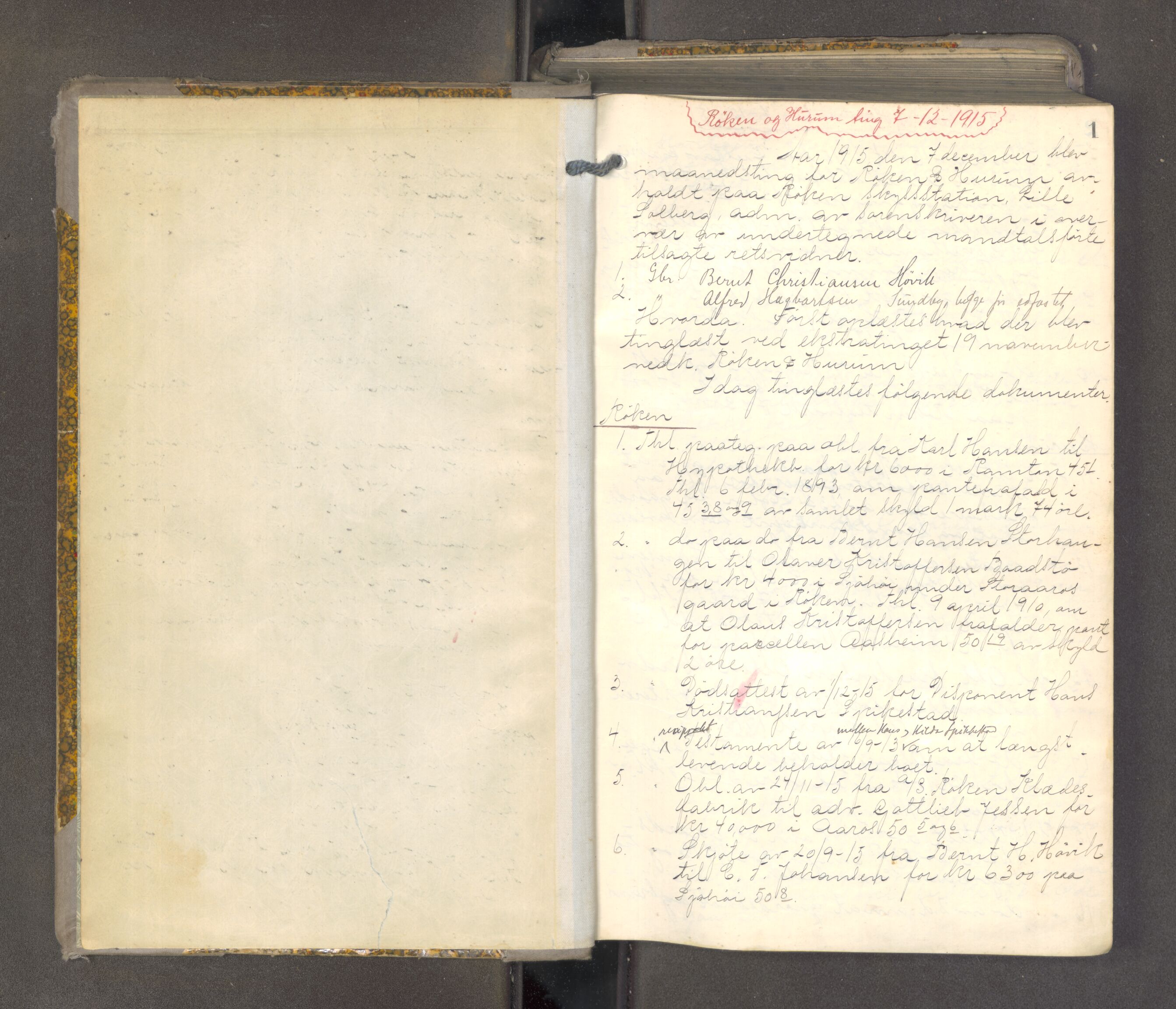 Lier, Røyken og Hurum sorenskriveri, AV/SAKO-A-89/F/Fa/L0098: Tingbok, 1915-1918, p. 1
