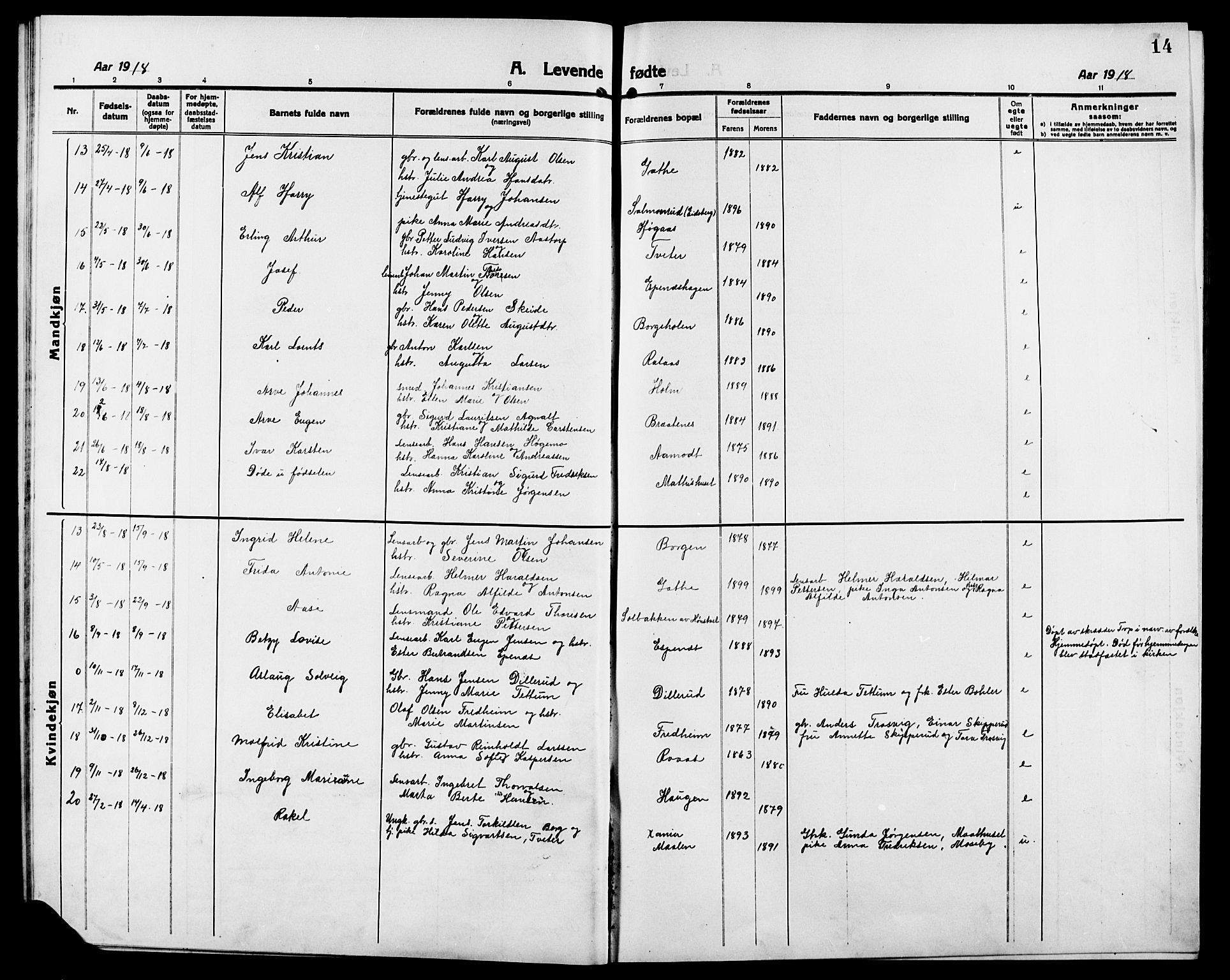 Skiptvet prestekontor Kirkebøker, AV/SAO-A-20009/G/Ga/L0003: Parish register (copy) no. 3, 1916-1924, p. 14