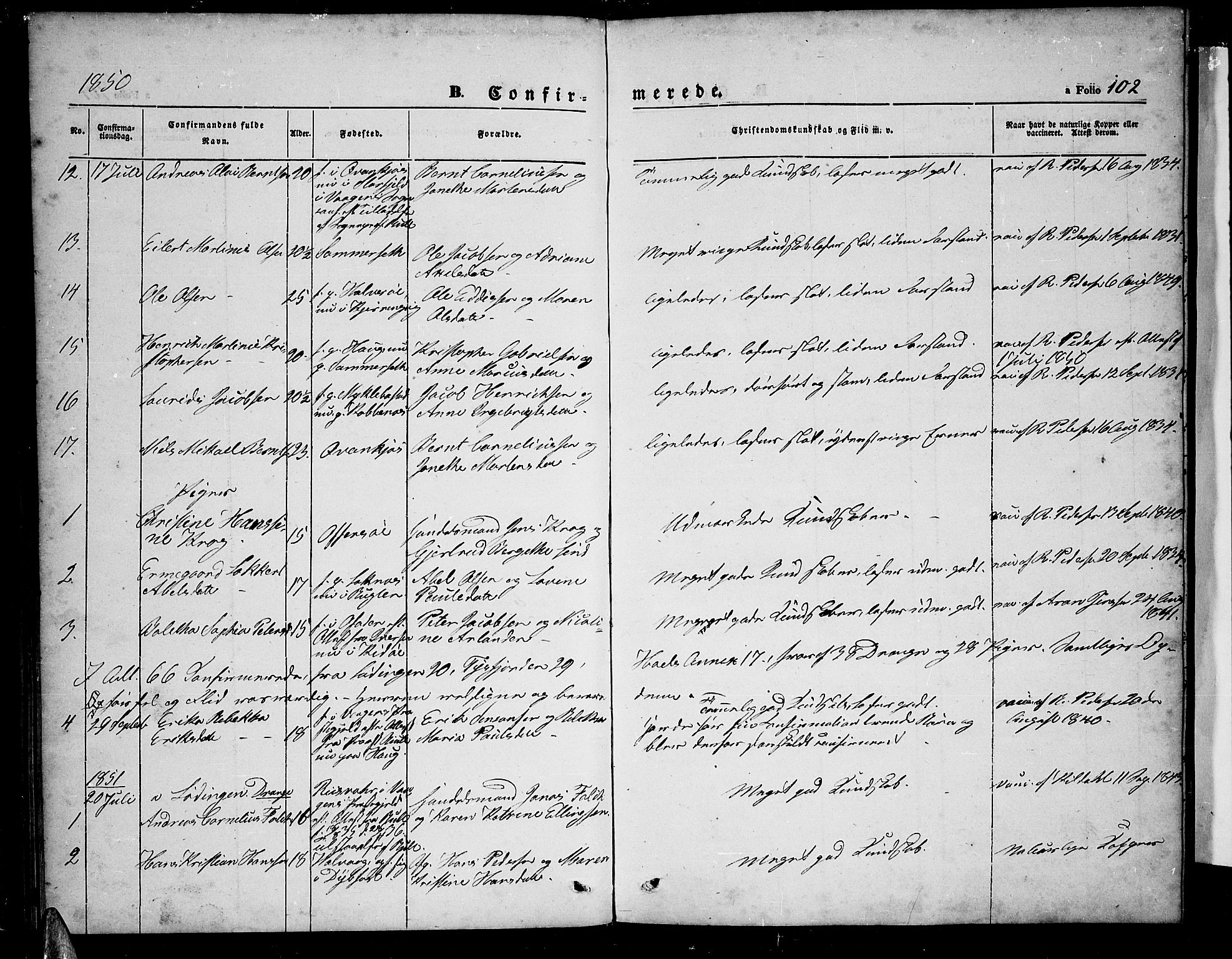 Ministerialprotokoller, klokkerbøker og fødselsregistre - Nordland, AV/SAT-A-1459/872/L1045: Parish register (copy) no. 872C01, 1840-1851, p. 102