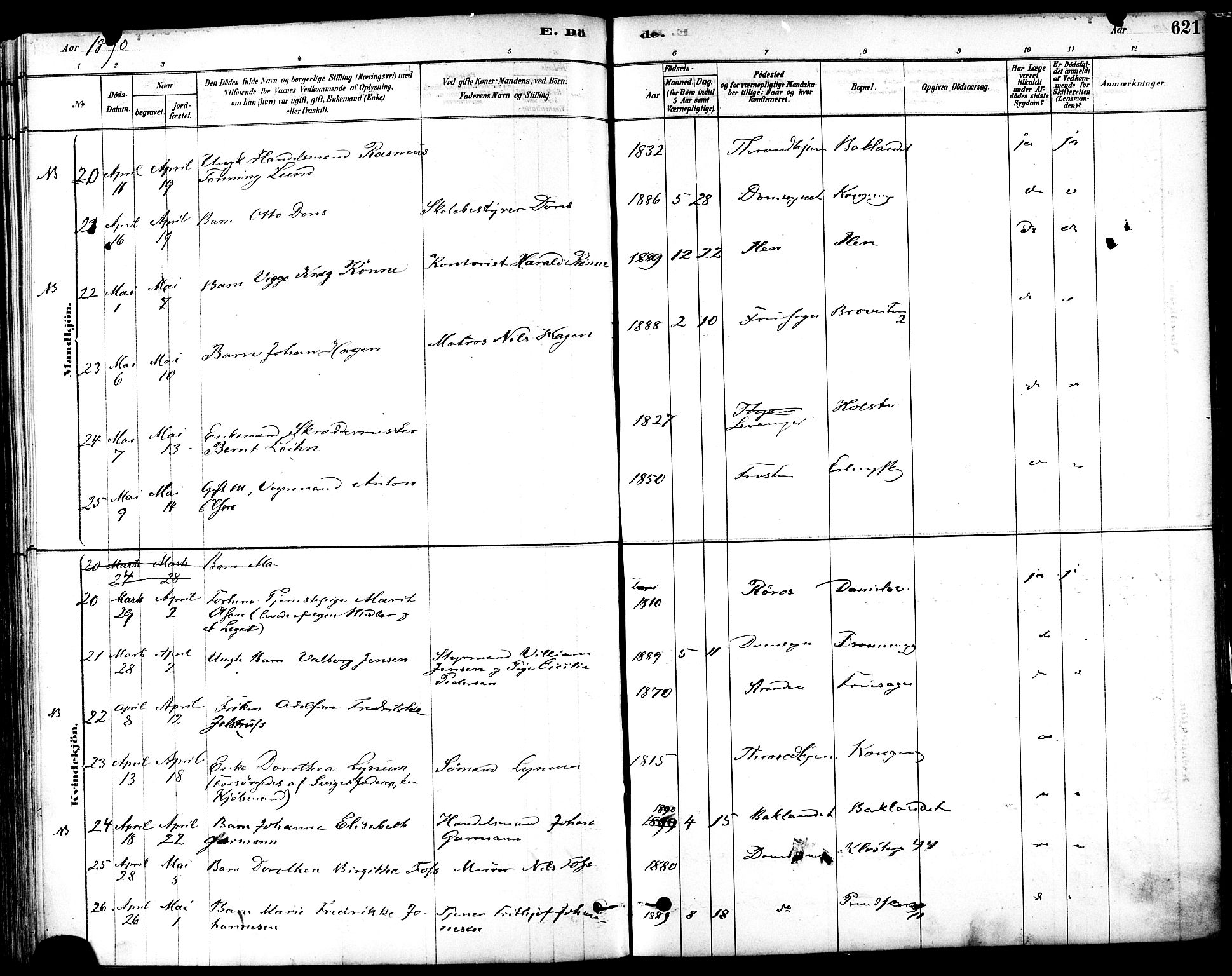 Ministerialprotokoller, klokkerbøker og fødselsregistre - Sør-Trøndelag, SAT/A-1456/601/L0058: Parish register (official) no. 601A26, 1877-1891, p. 621