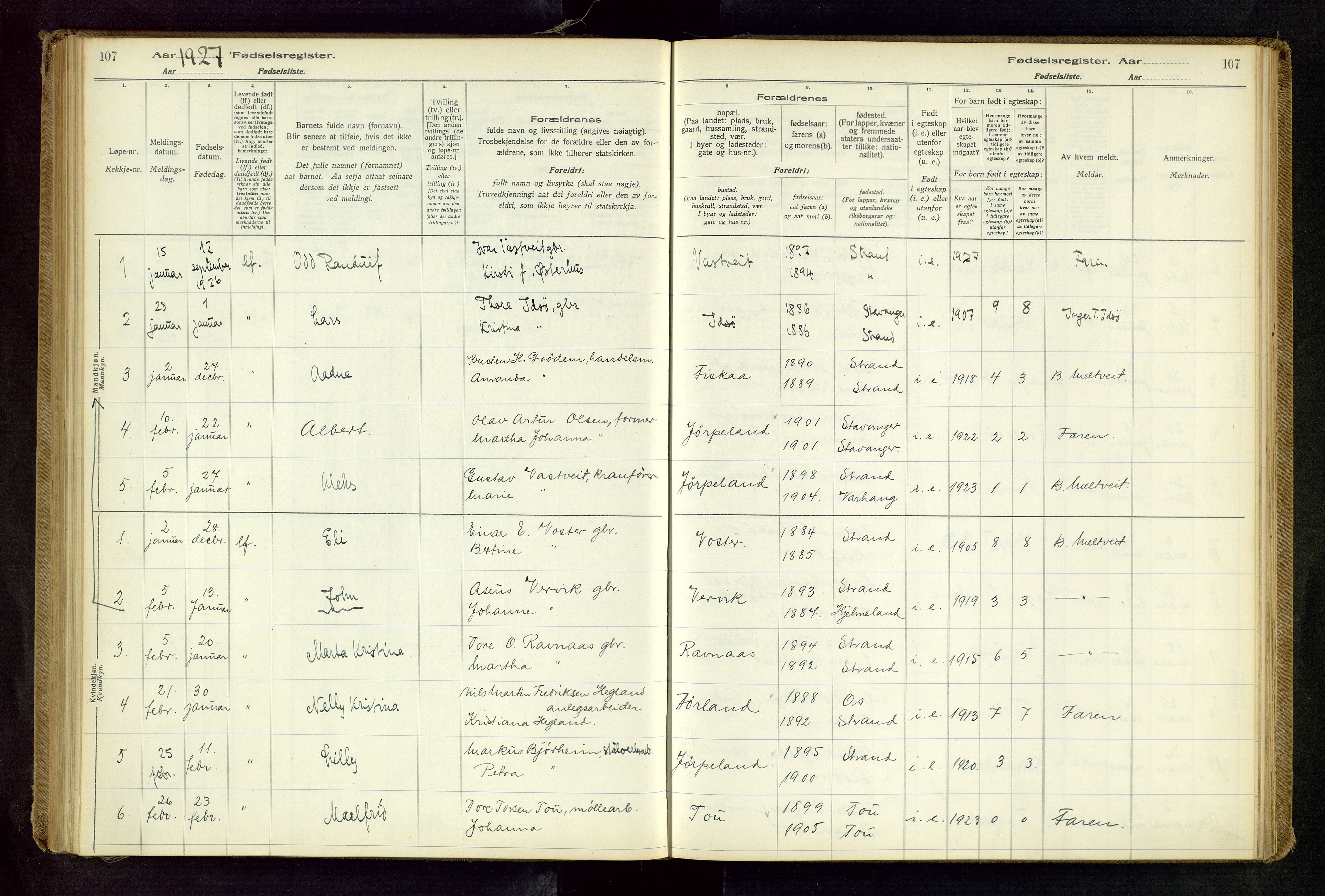 Strand sokneprestkontor, SAST/A-101828/I/Id/L0001: Birth register no. 1, 1916-1938, p. 107