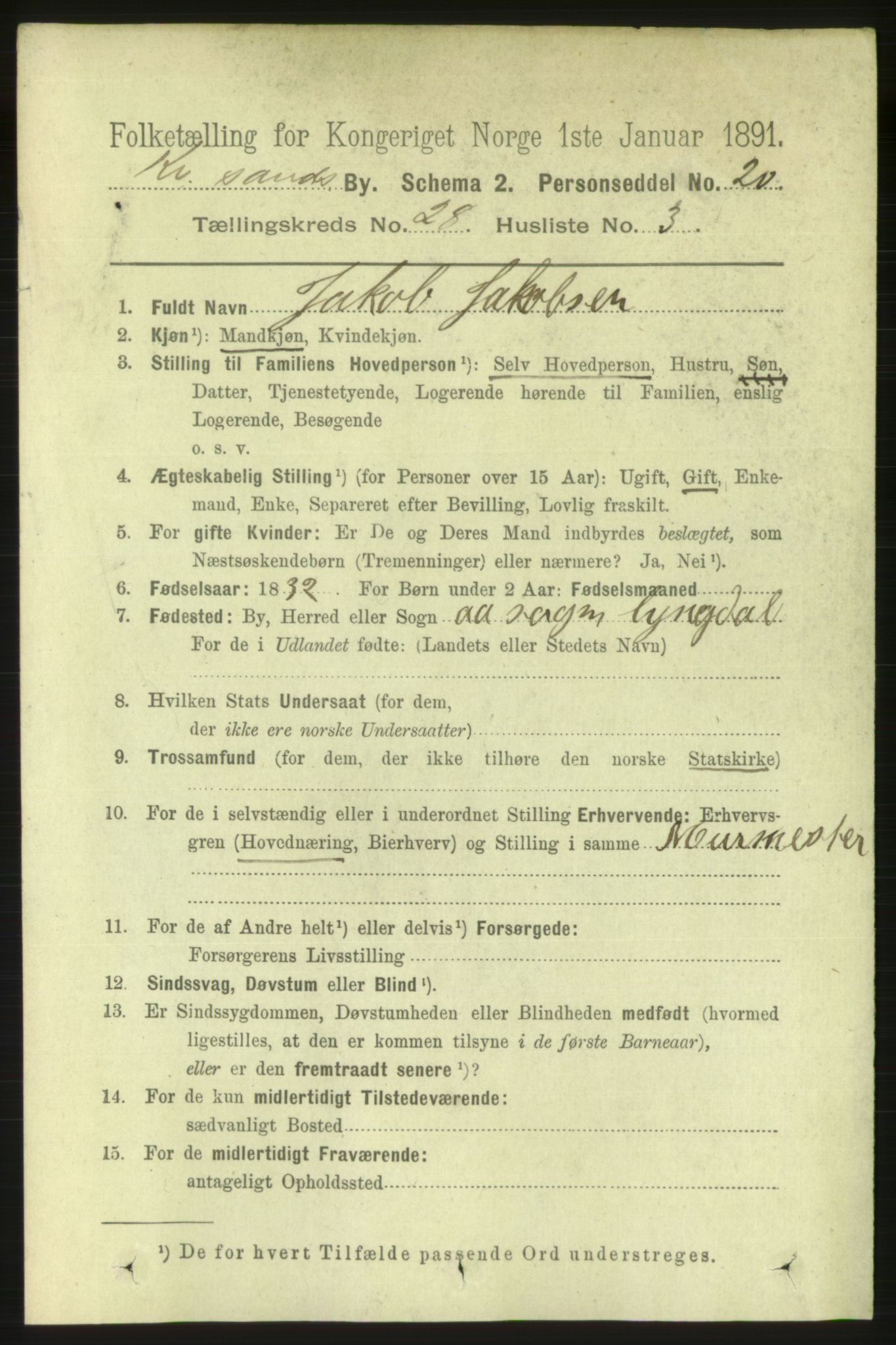 RA, 1891 census for 1001 Kristiansand, 1891, p. 9525