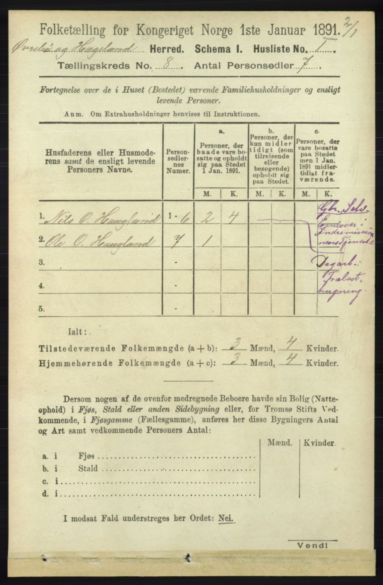 RA, 1891 census for 1016 Øvrebø og Hægeland, 1891, p. 1432