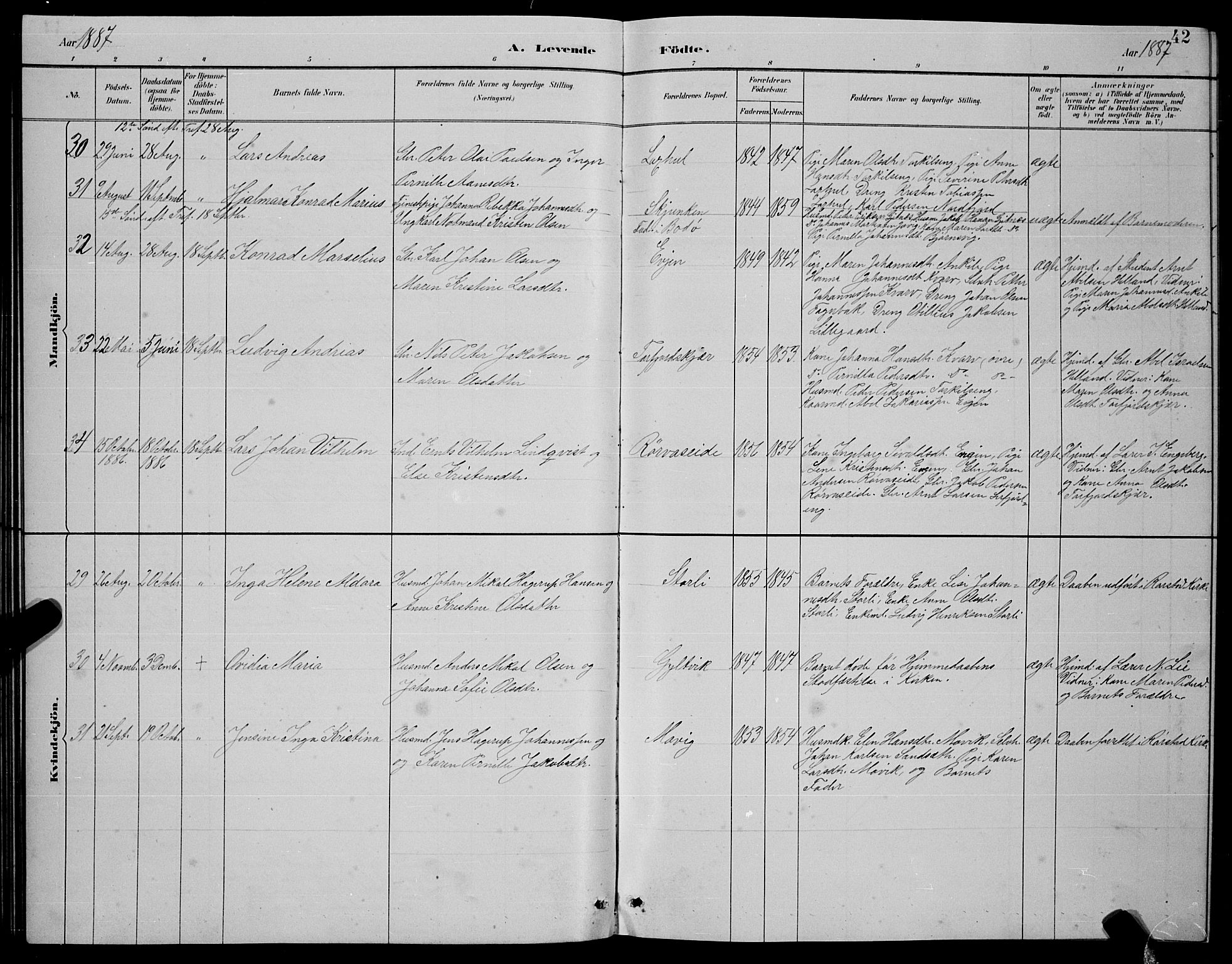 Ministerialprotokoller, klokkerbøker og fødselsregistre - Nordland, AV/SAT-A-1459/854/L0785: Parish register (copy) no. 854C01, 1883-1891, p. 42