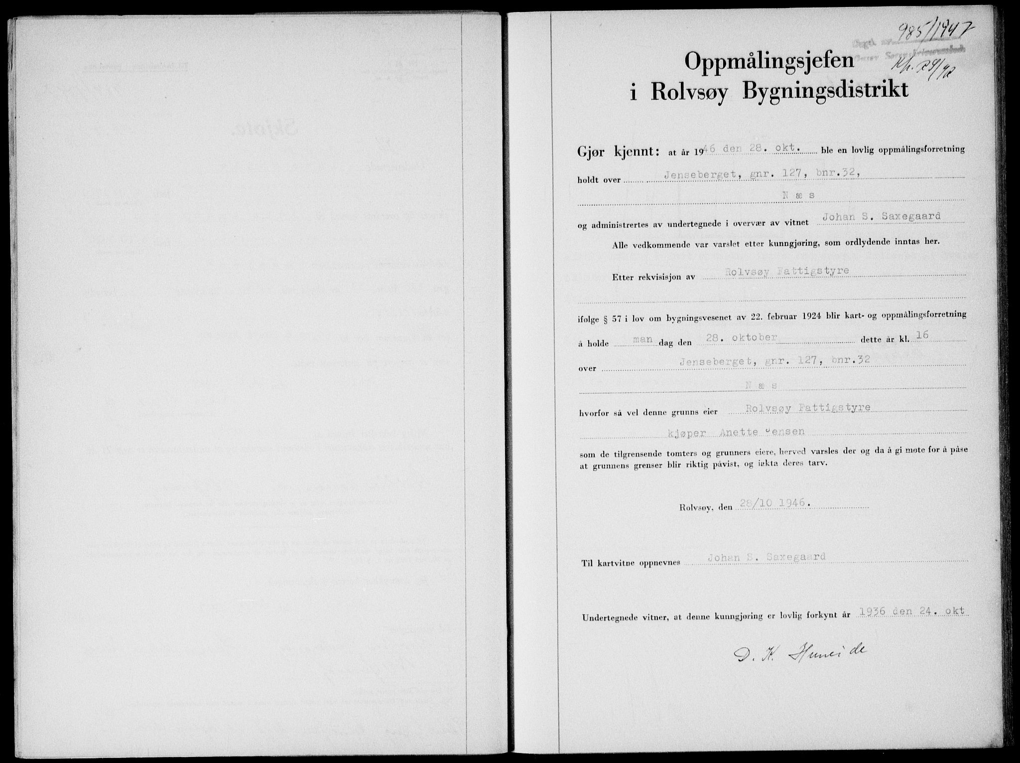 Onsøy sorenskriveri, SAO/A-10474/G/Ga/Gab/L0019b: Mortgage book no. II A-19 B, 1947-1947, Diary no: : 985/1947