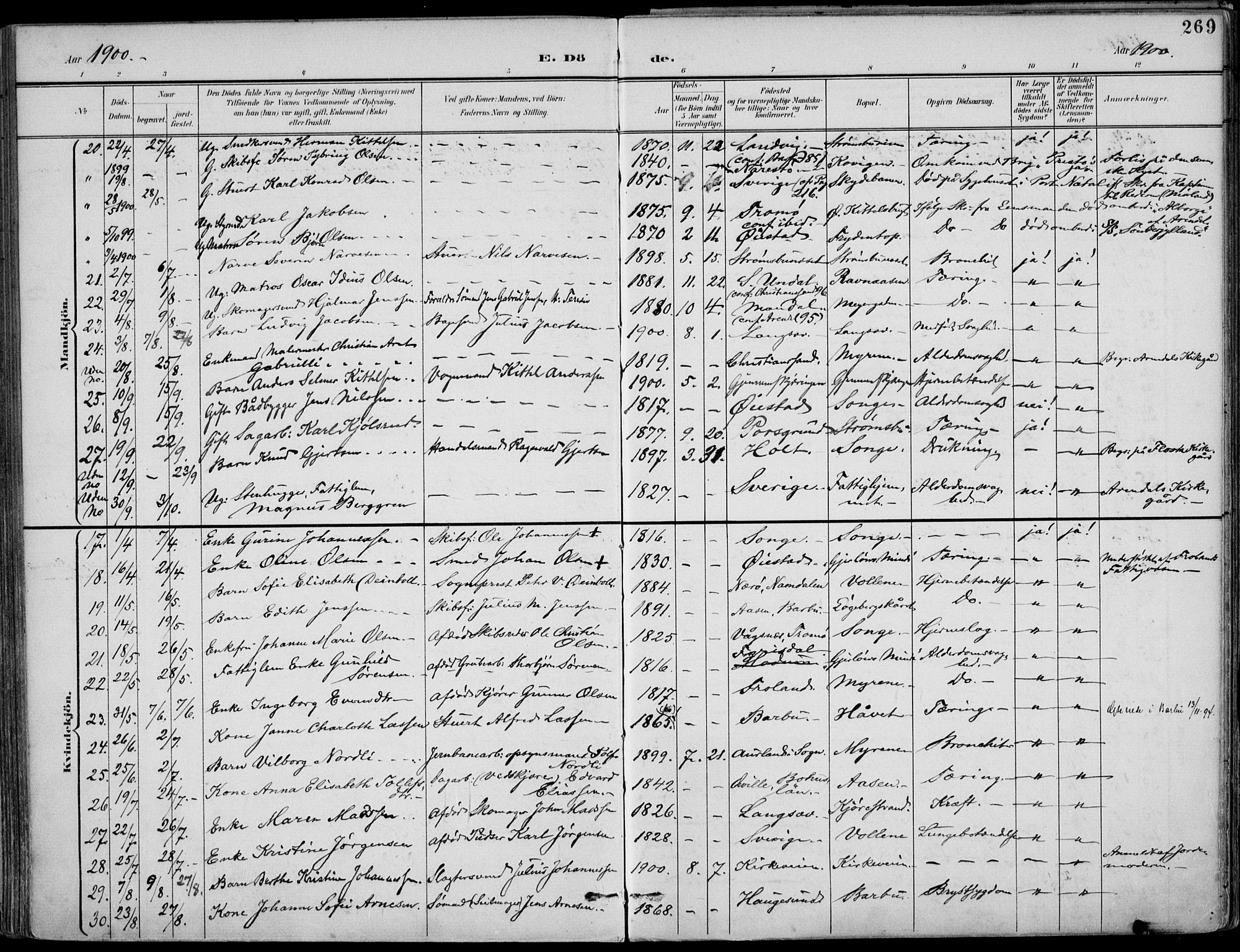 Barbu sokneprestkontor, SAK/1111-0003/F/Fa/L0005: Parish register (official) no. A 5, 1899-1909, p. 269