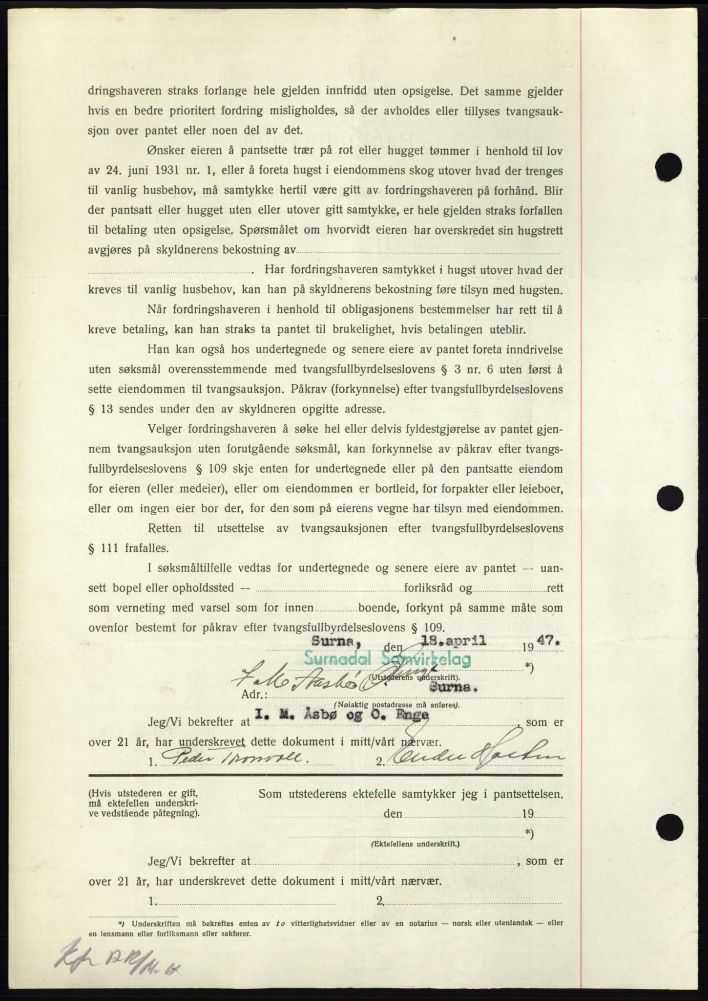 Nordmøre sorenskriveri, AV/SAT-A-4132/1/2/2Ca: Mortgage book no. B96, 1947-1947, Diary no: : 1182/1947