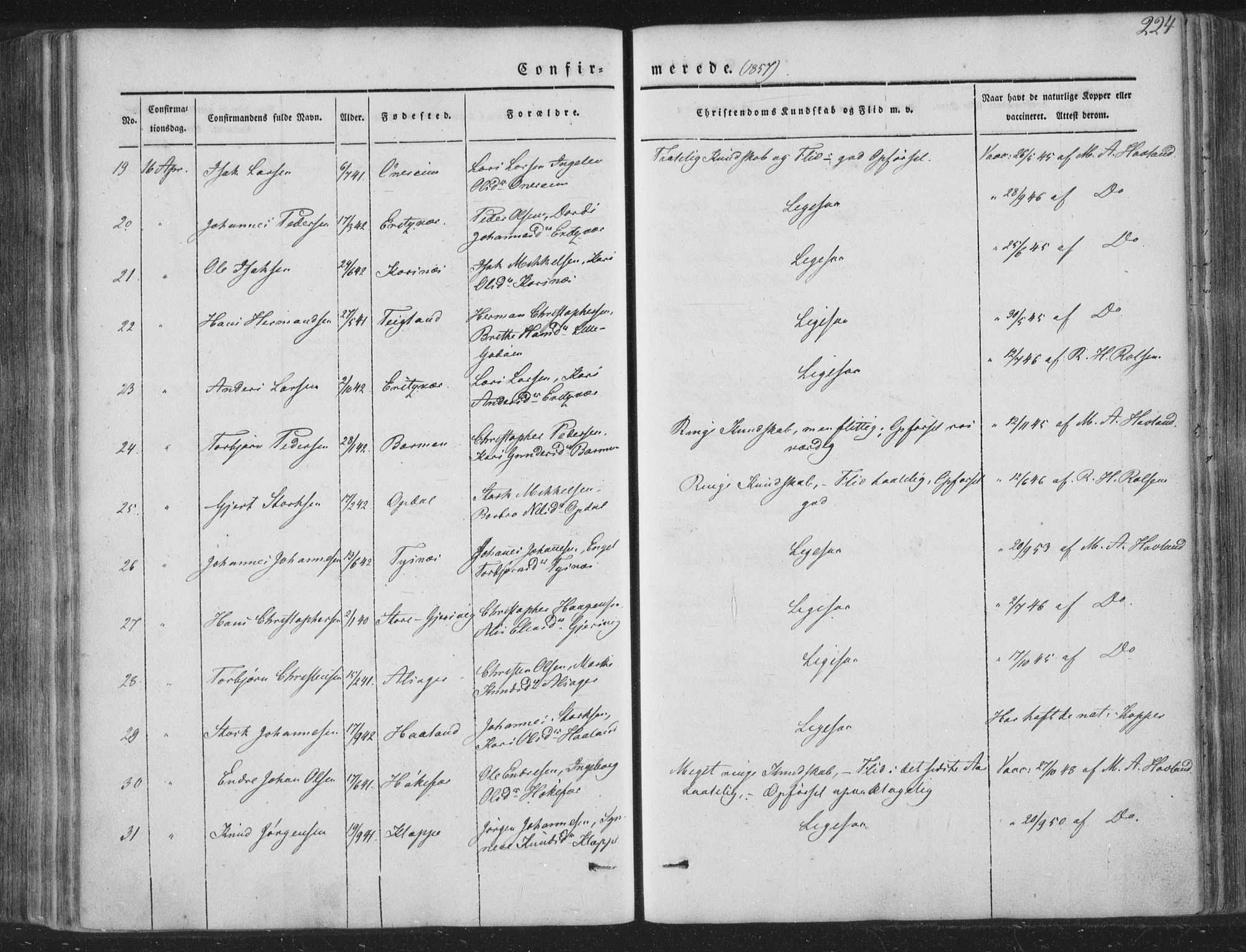 Tysnes sokneprestembete, AV/SAB-A-78601/H/Haa: Parish register (official) no. A 10, 1848-1859, p. 224