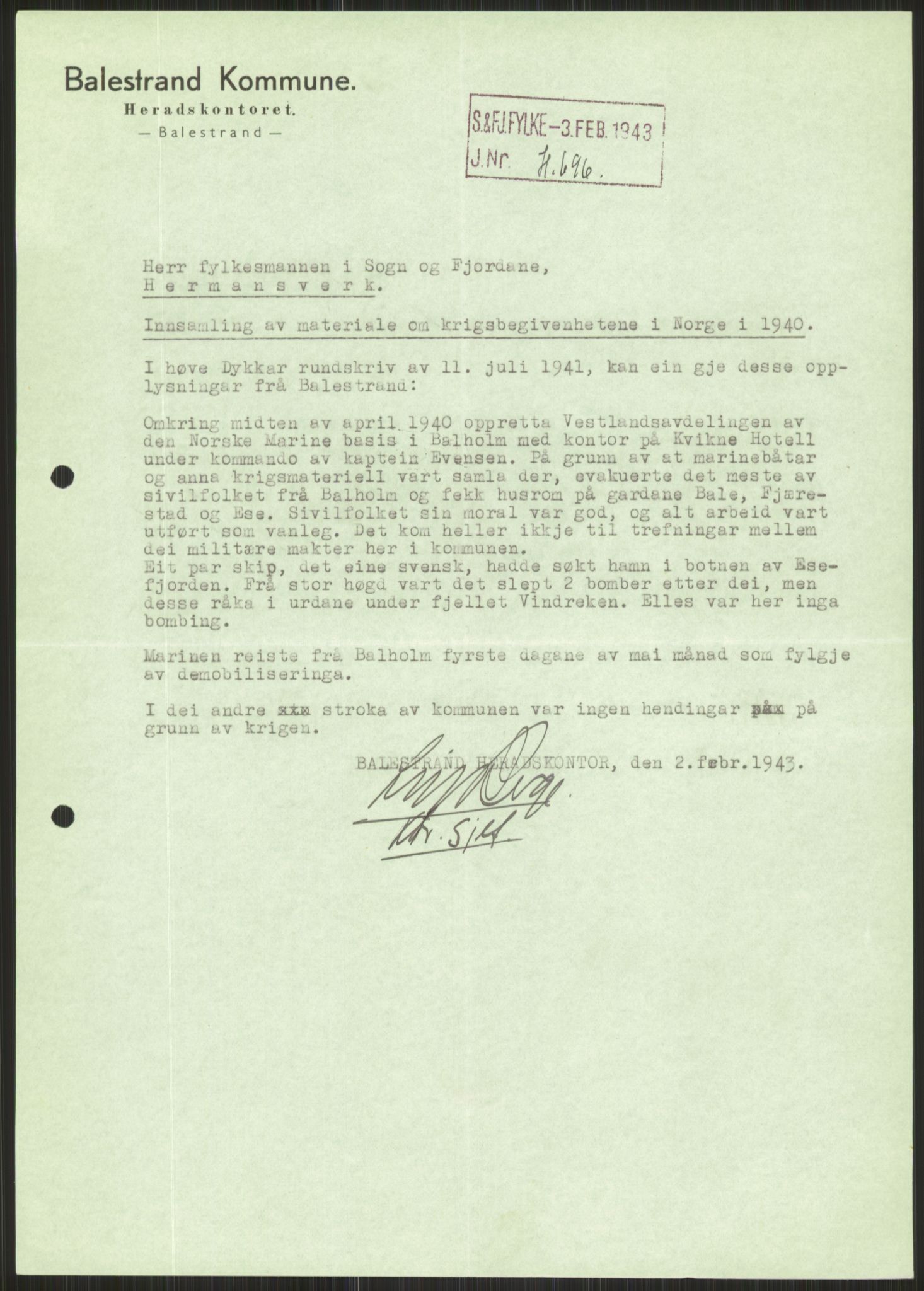 Forsvaret, Forsvarets krigshistoriske avdeling, AV/RA-RAFA-2017/Y/Ya/L0015: II-C-11-31 - Fylkesmenn.  Rapporter om krigsbegivenhetene 1940., 1940, p. 506