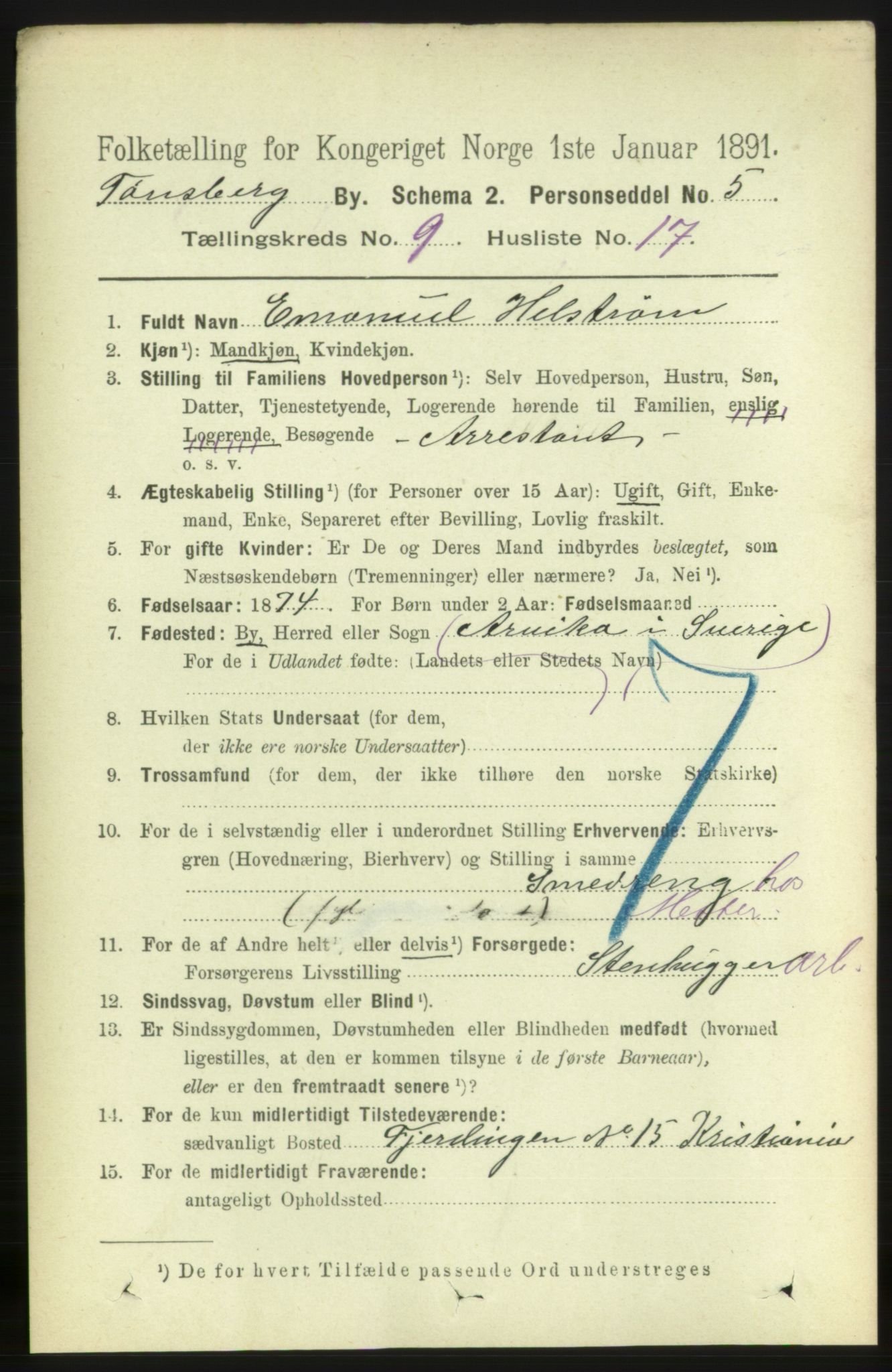 RA, 1891 census for 0705 Tønsberg, 1891, p. 3600