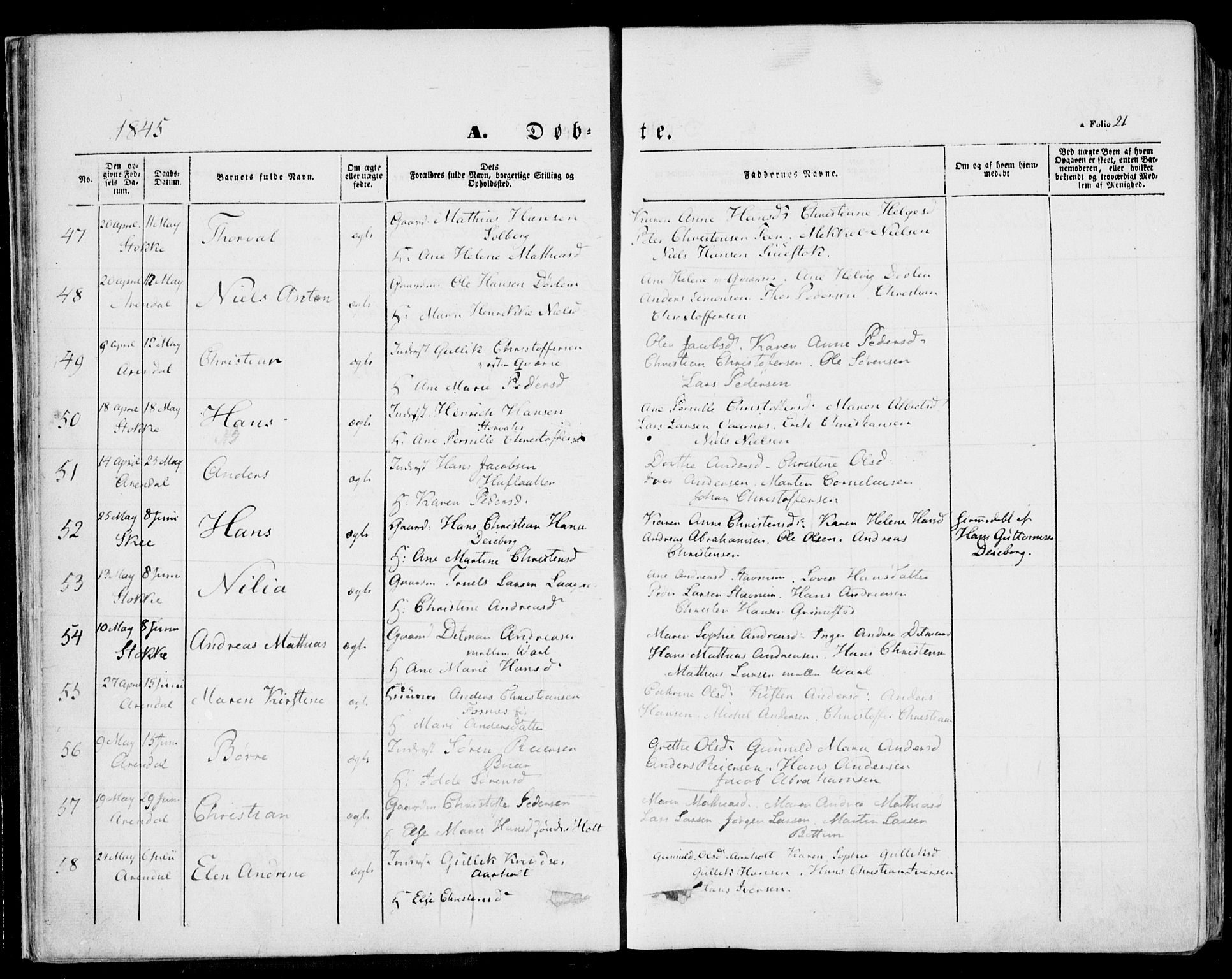 Stokke kirkebøker, AV/SAKO-A-320/F/Fa/L0007: Parish register (official) no. I 7, 1844-1857, p. 21