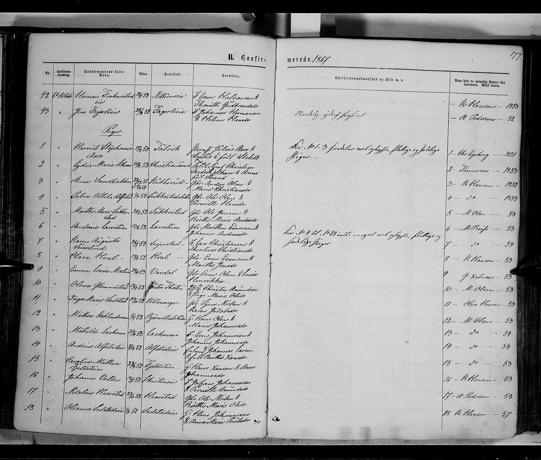 Østre Toten prestekontor, AV/SAH-PREST-104/H/Ha/Haa/L0005: Parish register (official) no. 5, 1866-1877, p. 177