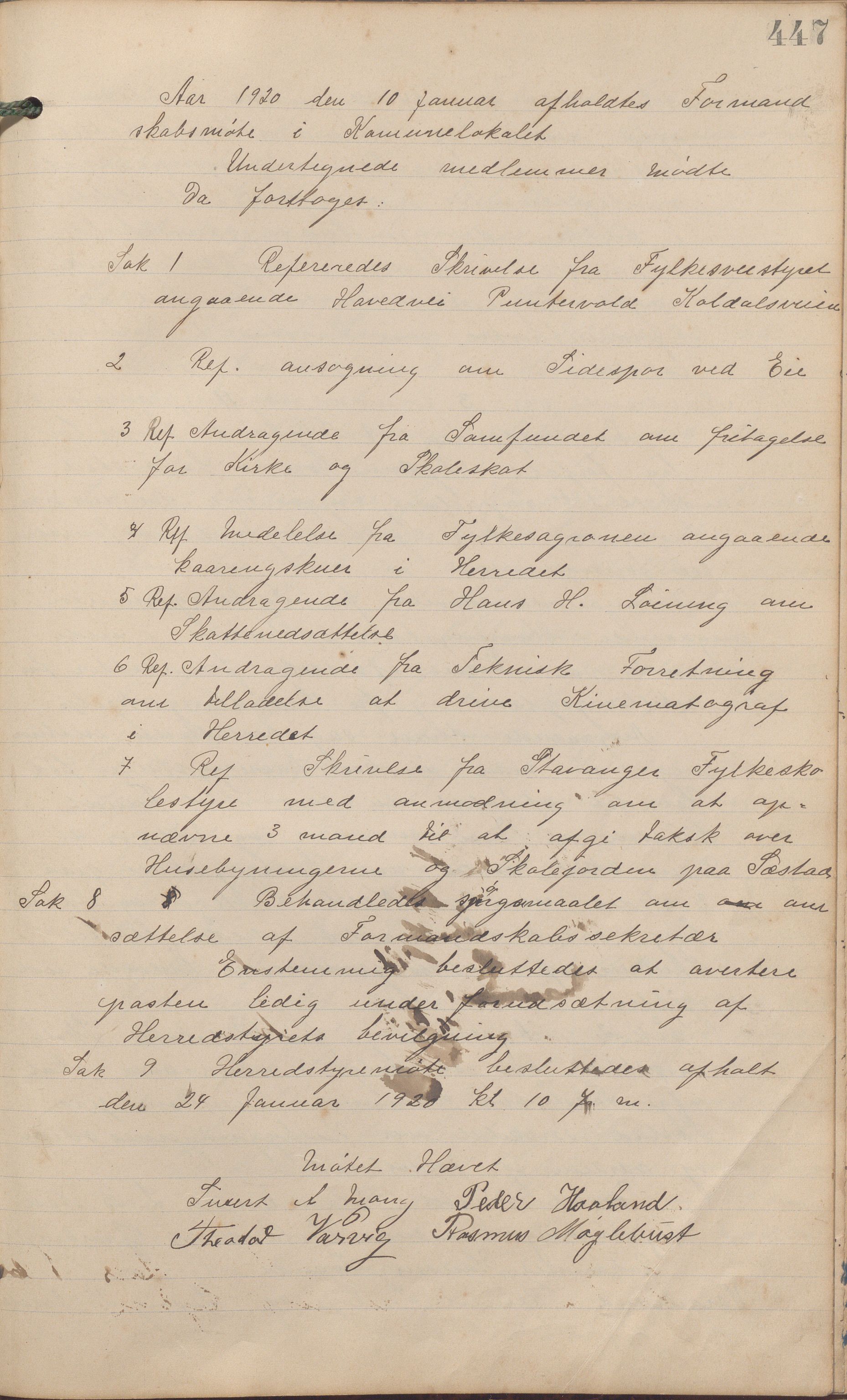 Eigersund kommune (Herredet) - Formannskapet, IKAR/K-100447/A/Aa/L0005: Møtebok, 1907-1920, p. 447