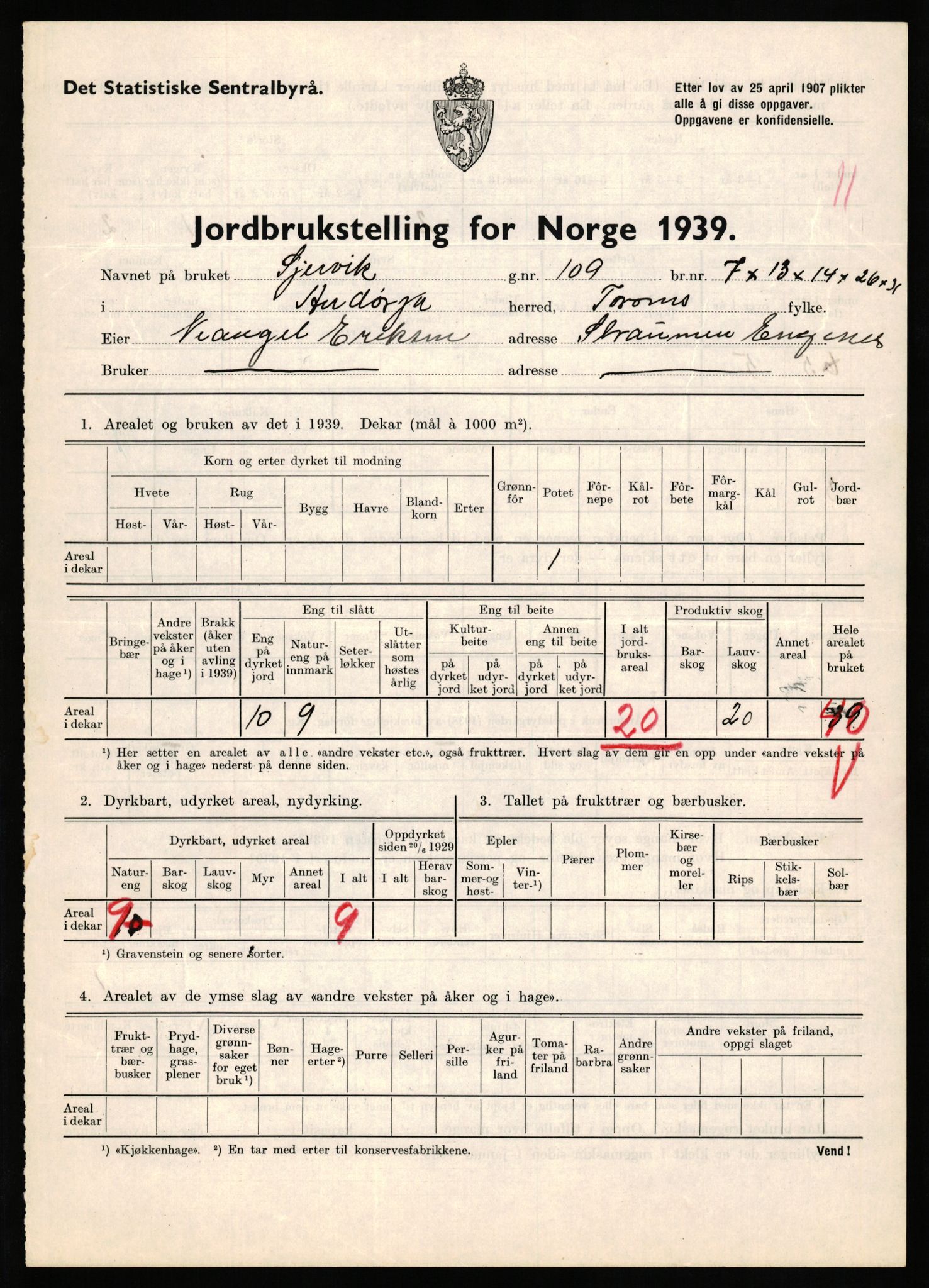 Statistisk sentralbyrå, Næringsøkonomiske emner, Jordbruk, skogbruk, jakt, fiske og fangst, AV/RA-S-2234/G/Gb/L0339: Troms: Andørja, Astafjord og Lavangen, 1939, p. 628