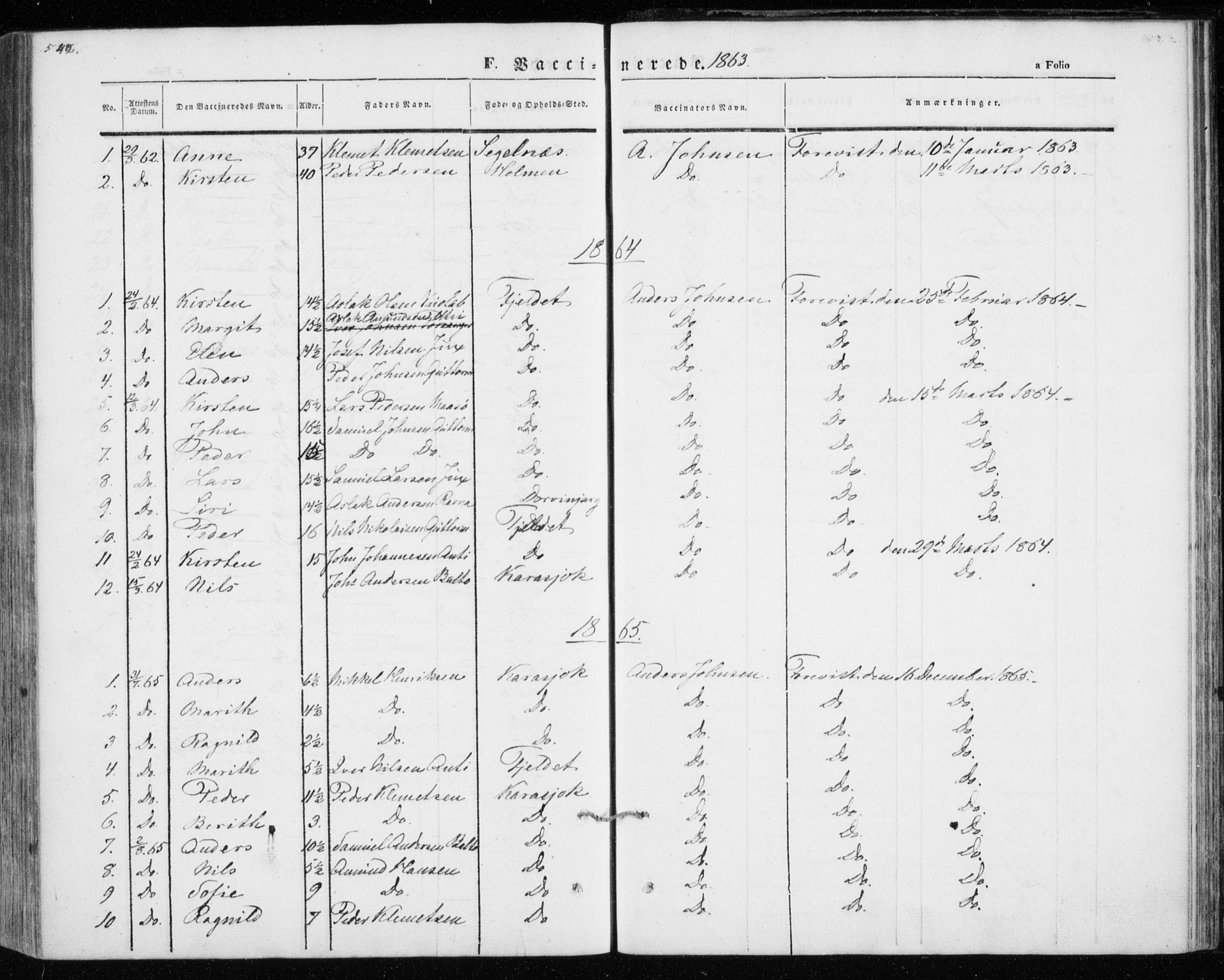 Kistrand/Porsanger sokneprestembete, SATØ/S-1351/H/Ha/L0012.kirke: Parish register (official) no. 12, 1843-1871, p. 542-543