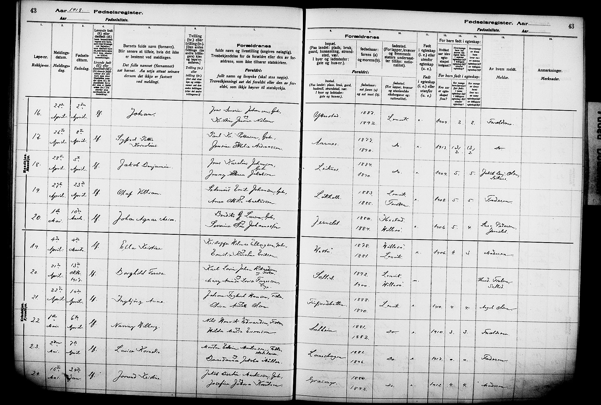 Lenvik sokneprestembete, AV/SATØ-S-1310/I/Ic/L0089: Birth register no. 89, 1916-1926, p. 43