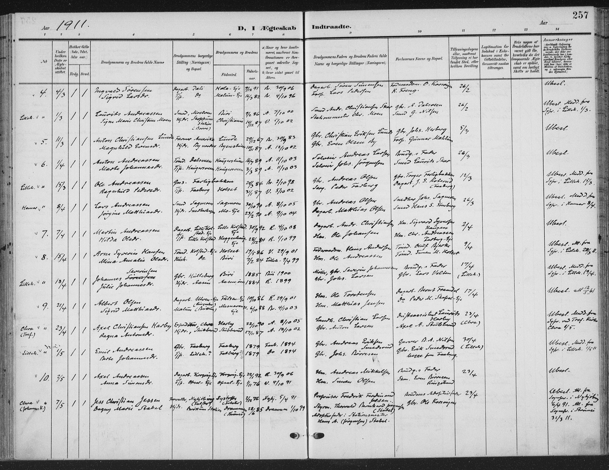 Ringsaker prestekontor, AV/SAH-PREST-014/K/Ka/L0018: Parish register (official) no. 18, 1903-1912, p. 257