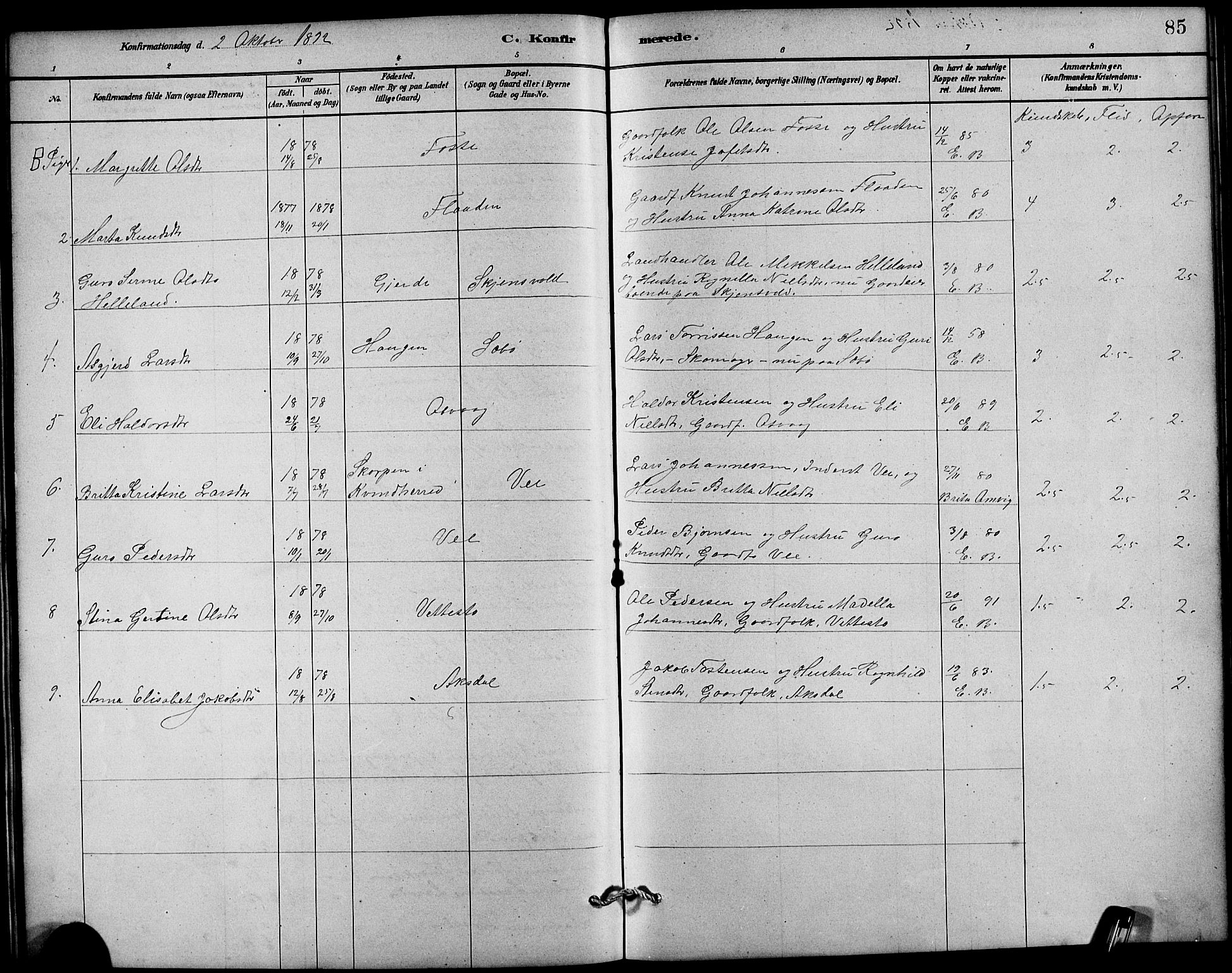 Etne sokneprestembete, SAB/A-75001/H/Hab: Parish register (copy) no. B 4, 1879-1897, p. 85