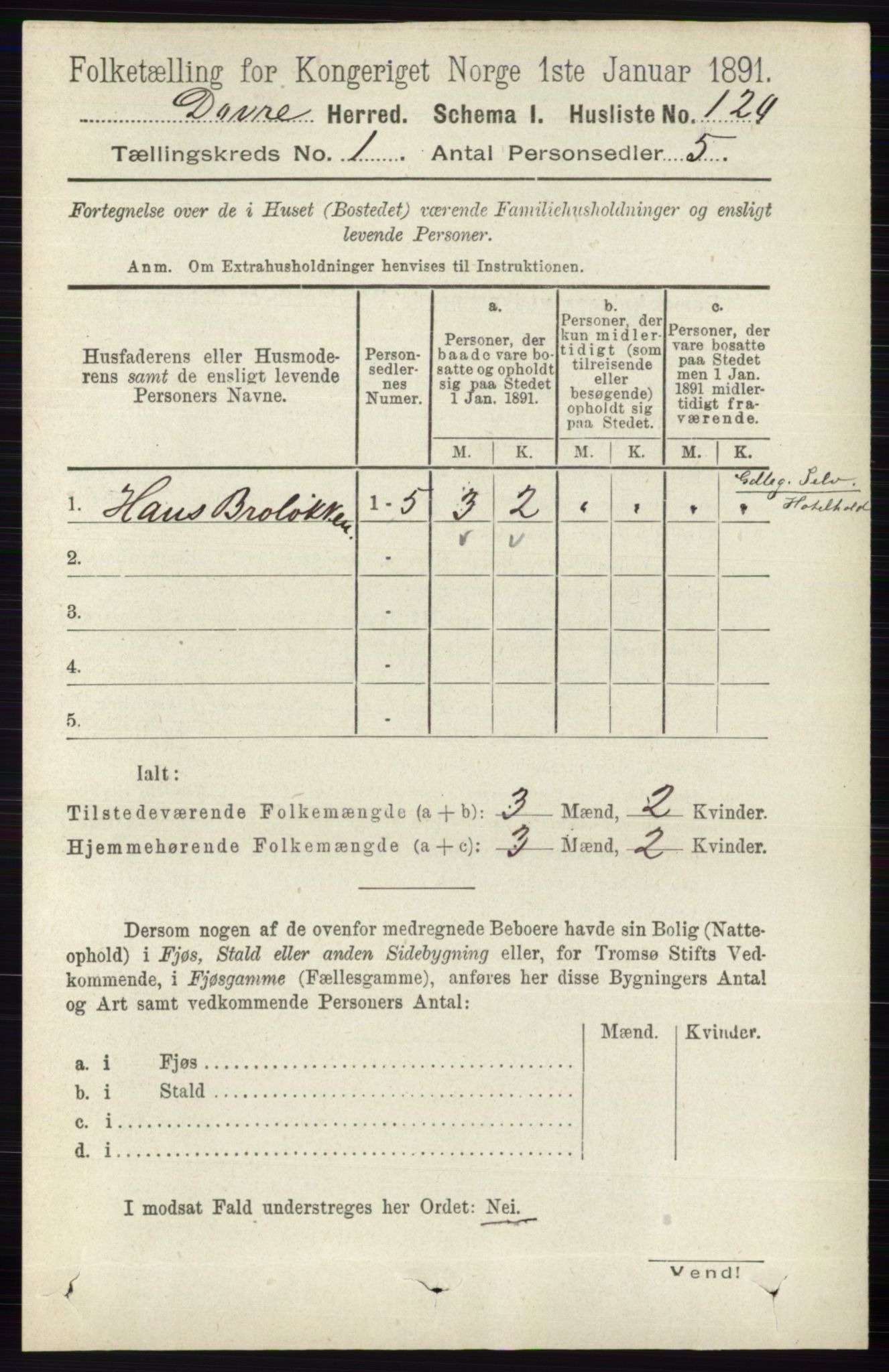 RA, 1891 census for 0511 Dovre, 1891, p. 137