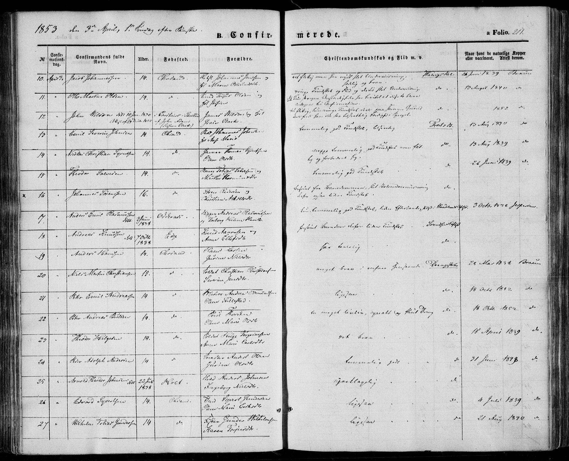 Kristiansand domprosti, AV/SAK-1112-0006/F/Fa/L0014: Parish register (official) no. A 14, 1852-1867, p. 211