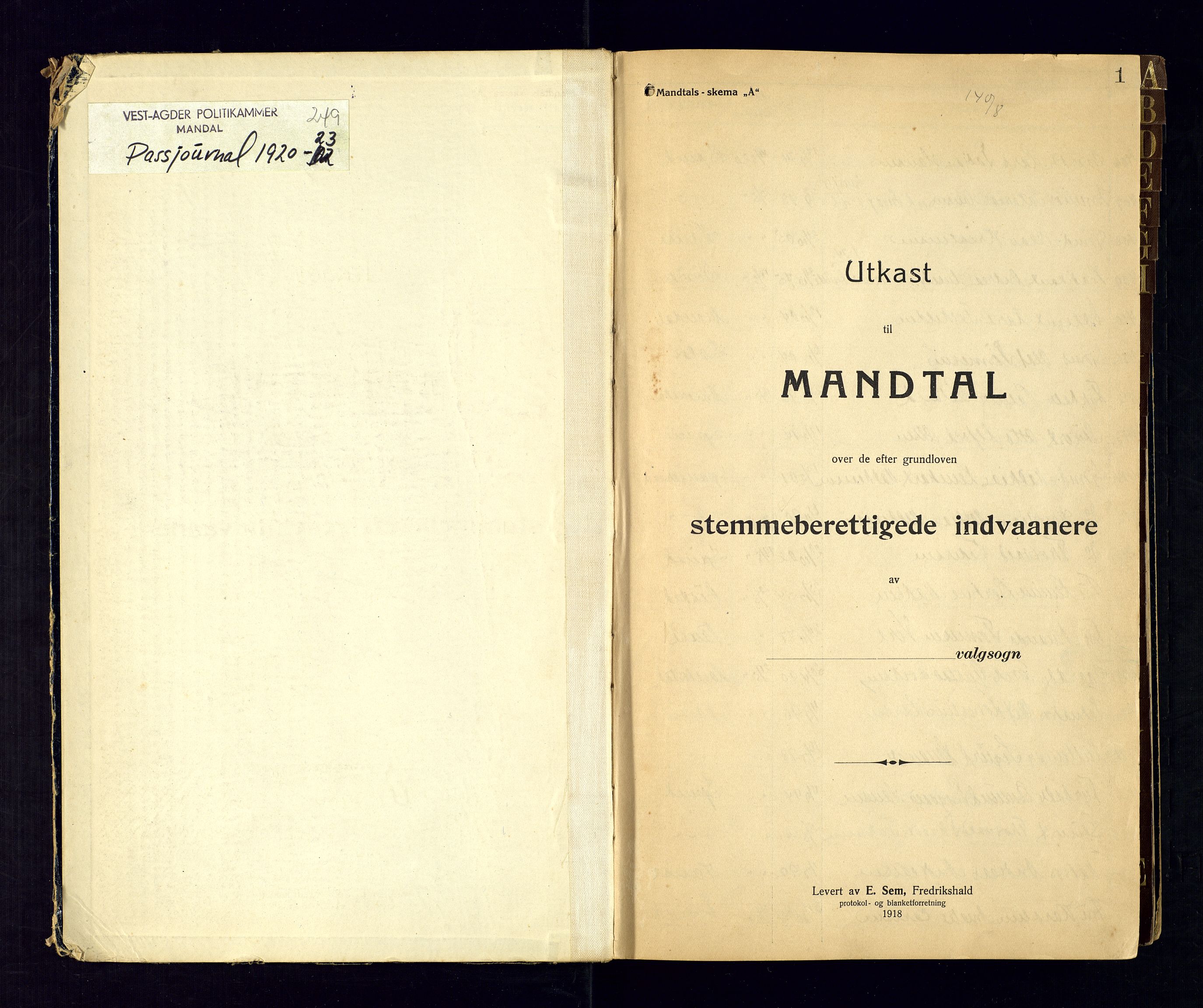 Vest-Agder politikammer, AV/SAK-1243-0008/K/Ka/L0085: Passprotokoll, 1920-1923, p. 1