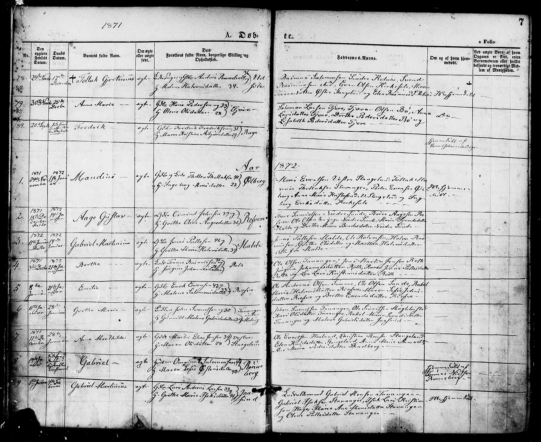 Håland sokneprestkontor, SAST/A-101802/001/30BA/L0009: Parish register (official) no. A 8, 1871-1882, p. 7