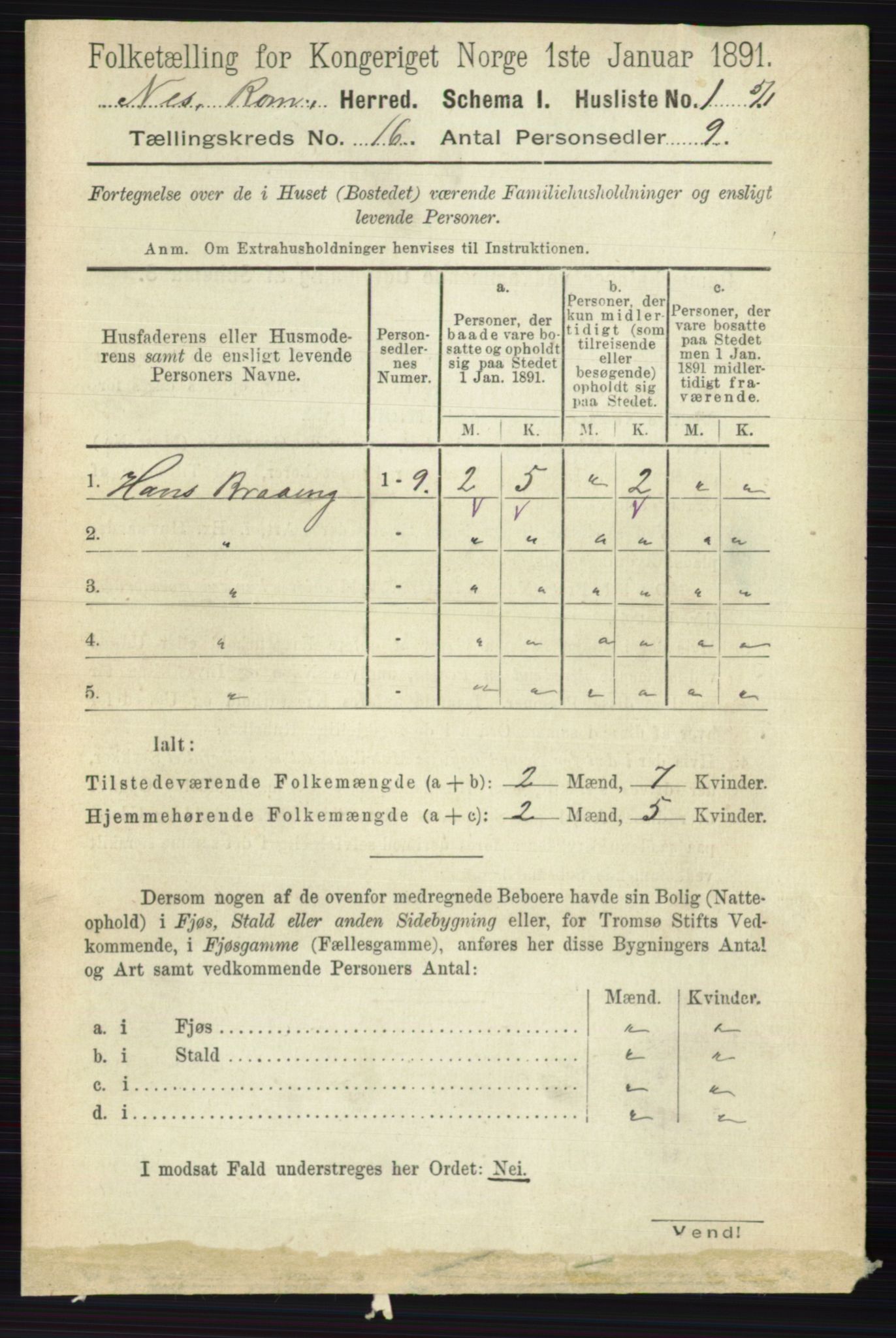 RA, 1891 census for 0236 Nes, 1891, p. 9499
