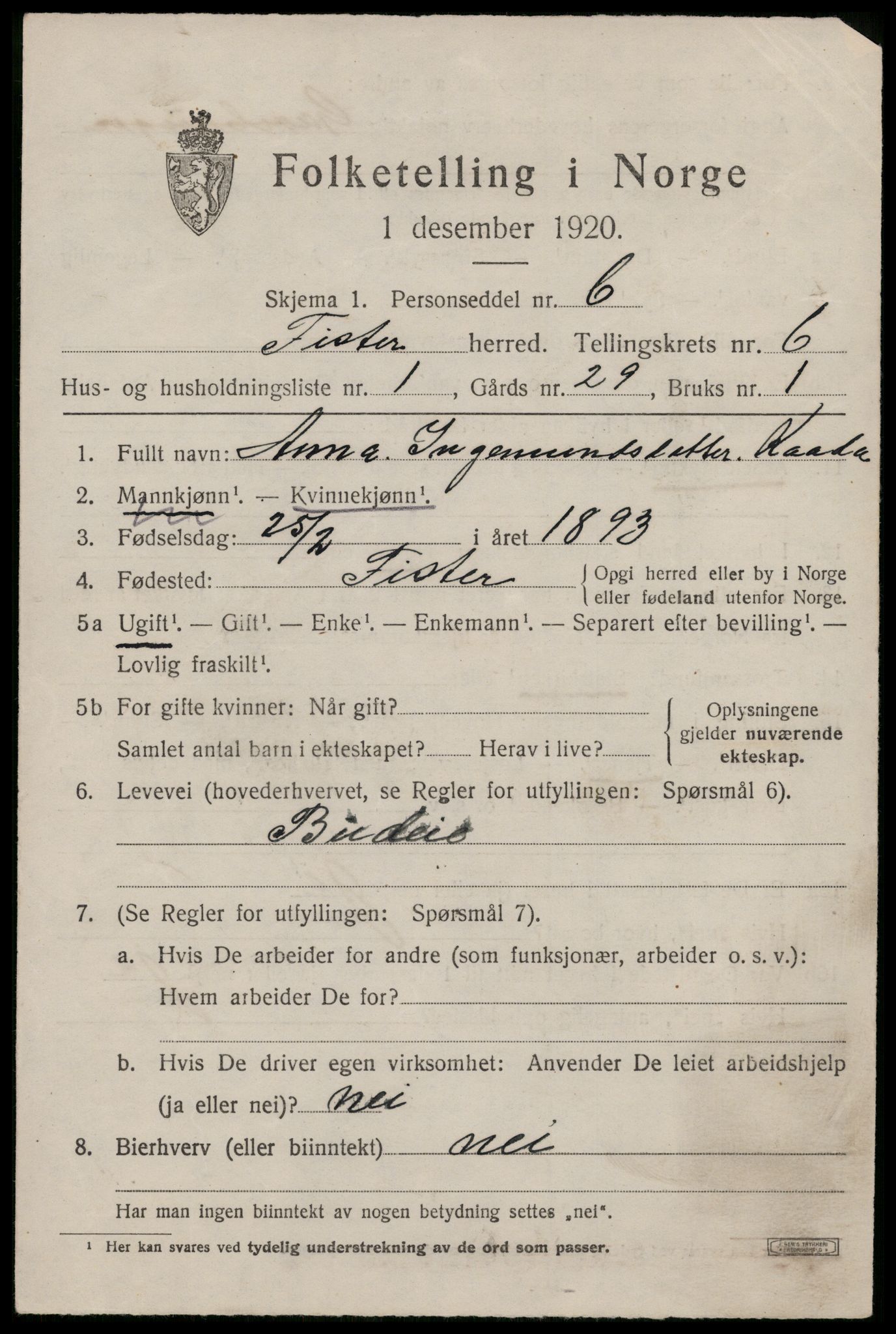 SAST, 1920 census for Fister, 1920, p. 1777