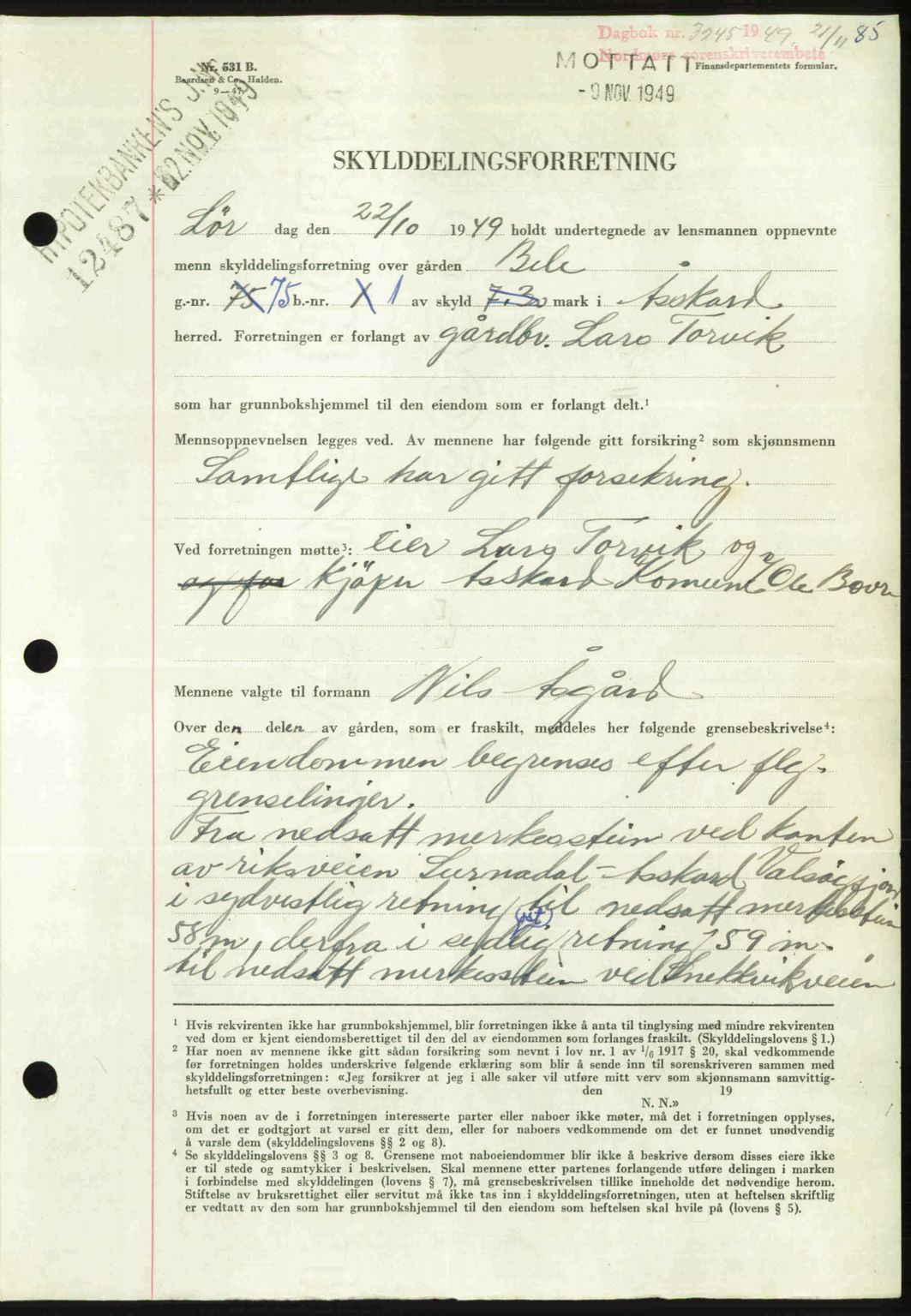 Nordmøre sorenskriveri, AV/SAT-A-4132/1/2/2Ca: Mortgage book no. A113, 1949-1950, Diary no: : 3245/1949