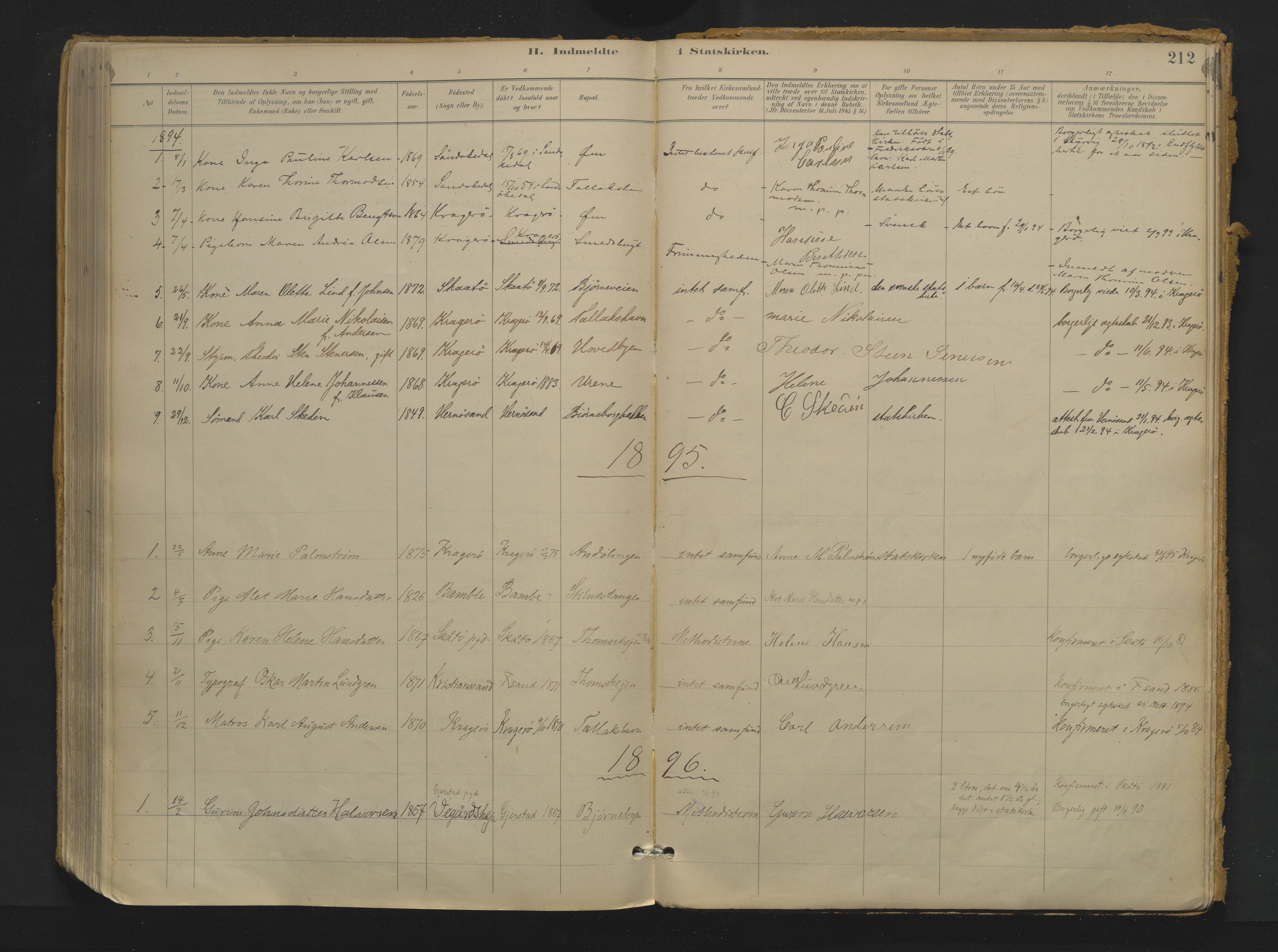 Kragerø kirkebøker, AV/SAKO-A-278/F/Fa/L0017: Parish register (official) no. 17, 1886-1923, p. 212