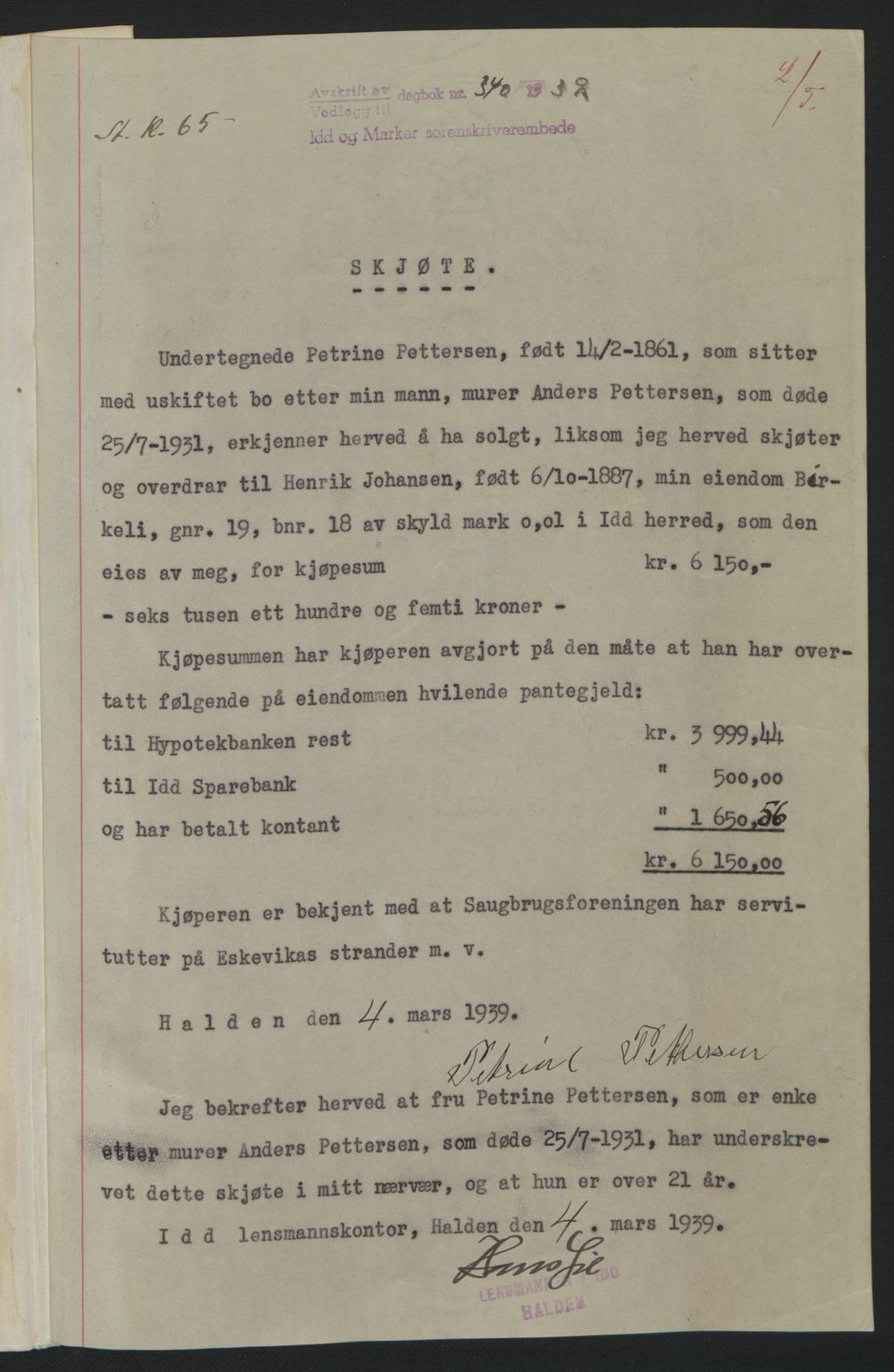 Idd og Marker sorenskriveri, AV/SAO-A-10283/G/Gb/Gbb/L0003: Mortgage book no. A3, 1938-1939, Diary no: : 340/1939