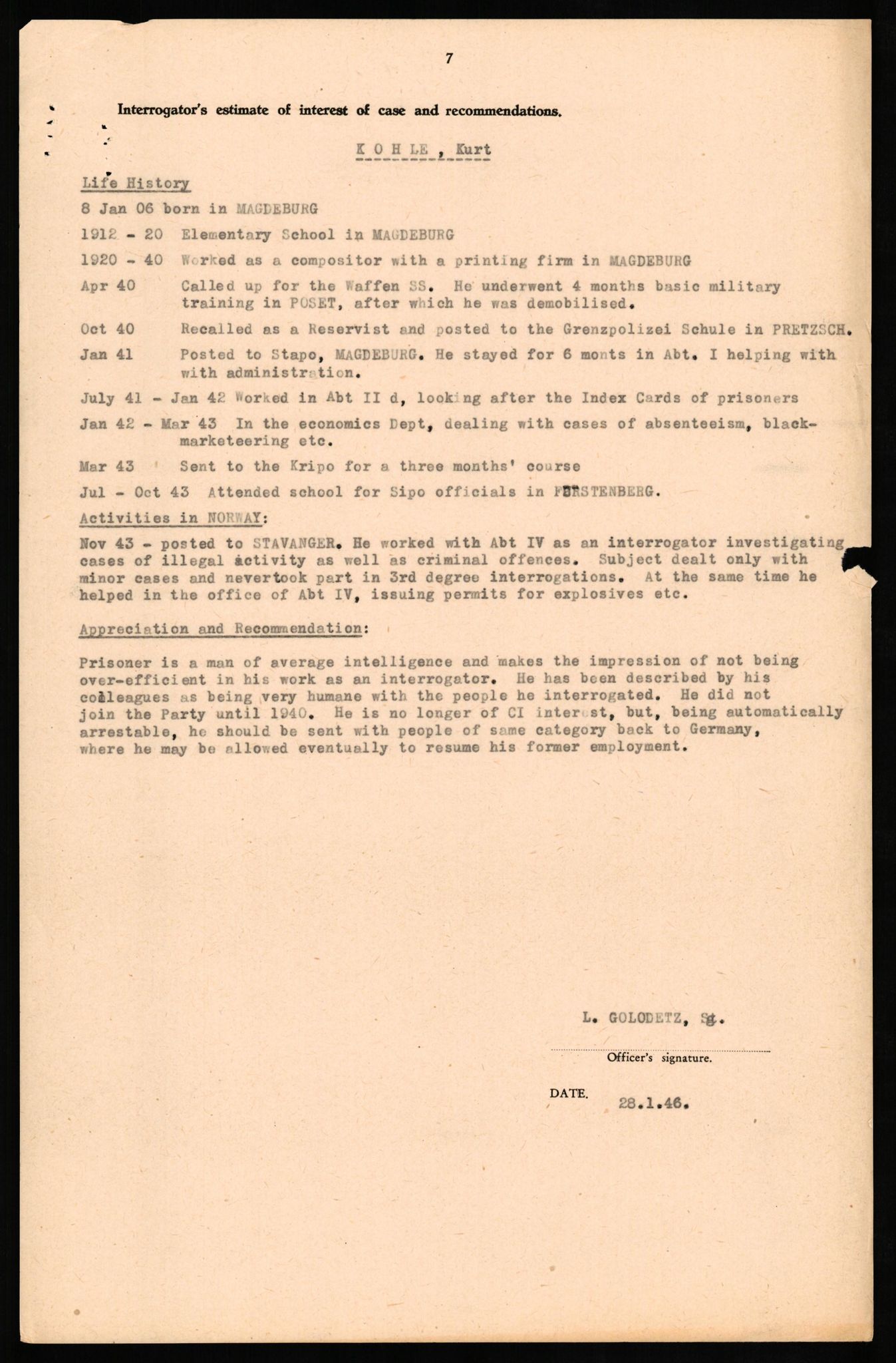 Forsvaret, Forsvarets overkommando II, RA/RAFA-3915/D/Db/L0017: CI Questionaires. Tyske okkupasjonsstyrker i Norge. Tyskere., 1945-1946, p. 421