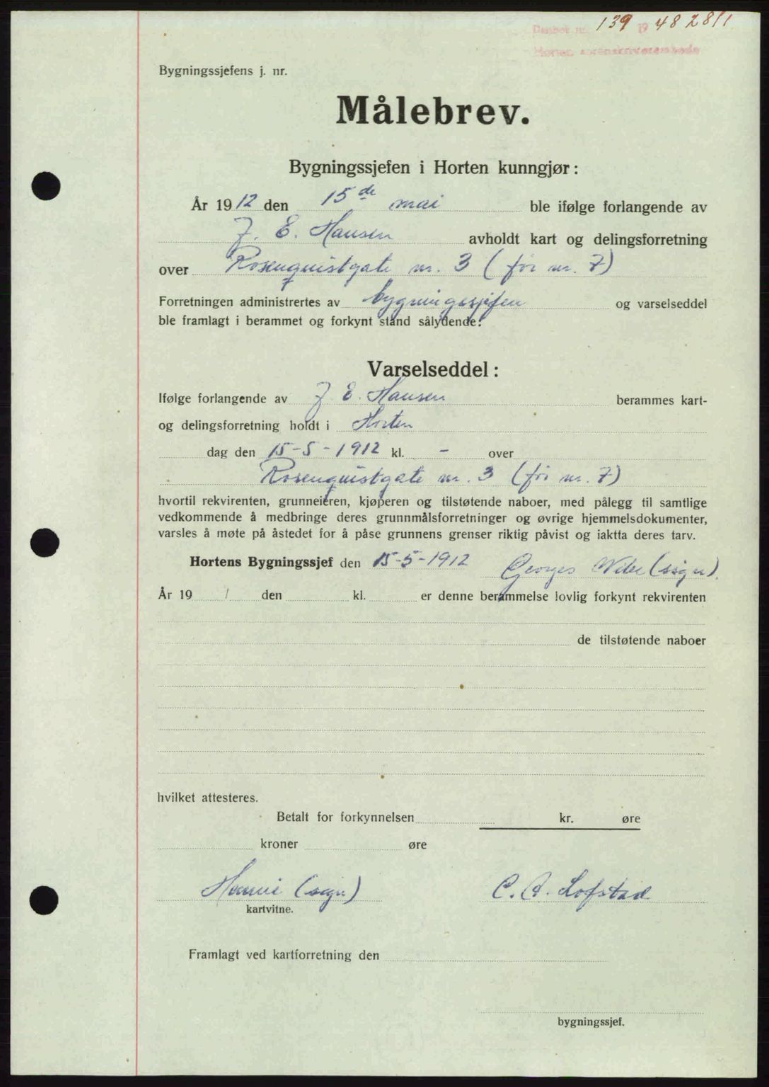 Horten sorenskriveri, AV/SAKO-A-133/G/Ga/Gaa/L0010: Mortgage book no. A-10, 1947-1948, Diary no: : 139/1948