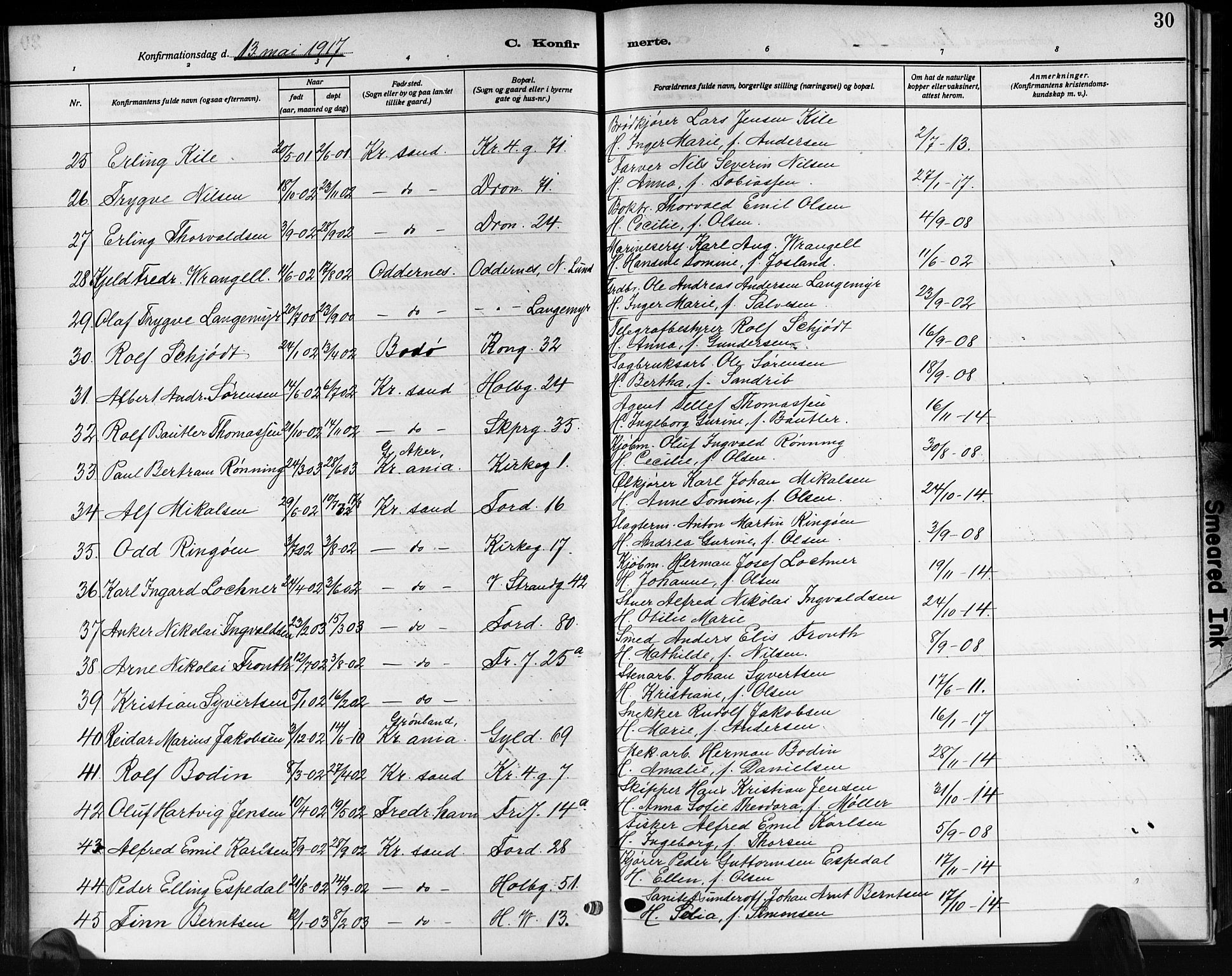 Kristiansand domprosti, SAK/1112-0006/F/Fb/L0022: Parish register (copy) no. B 22, 1915-1925, p. 30
